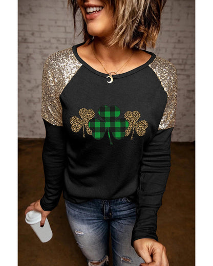 Azura Exchange Sequin Patchwork Plaid Leopard Long Sleeve Top - S