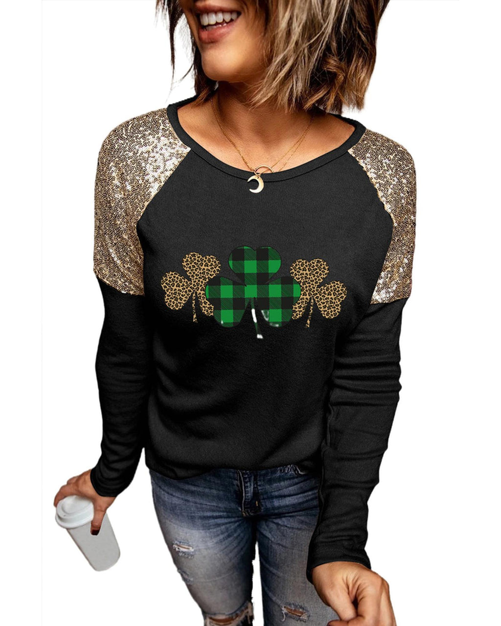 Azura Exchange Sequin Patchwork Plaid Leopard Long Sleeve Top - S