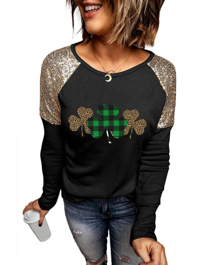 Azura Exchange Sequin Patchwork Plaid Leopard Long Sleeve Top - S