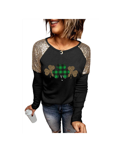 Azura Exchange Sequin Patchwork Plaid Leopard Long Sleeve Top - S