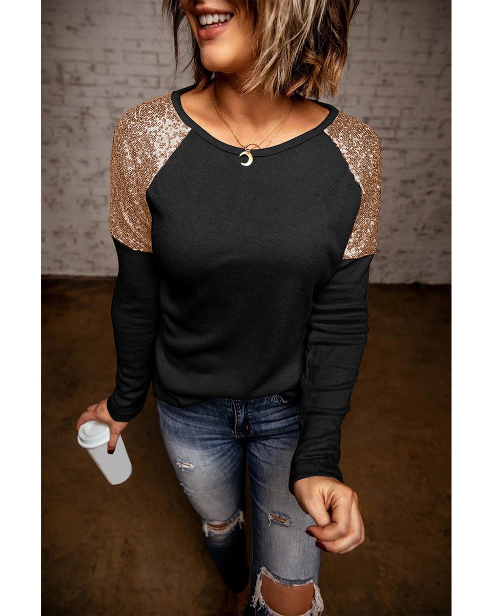 Azura Exchange Sequin Shoulder Long Sleeve Top - S Main image