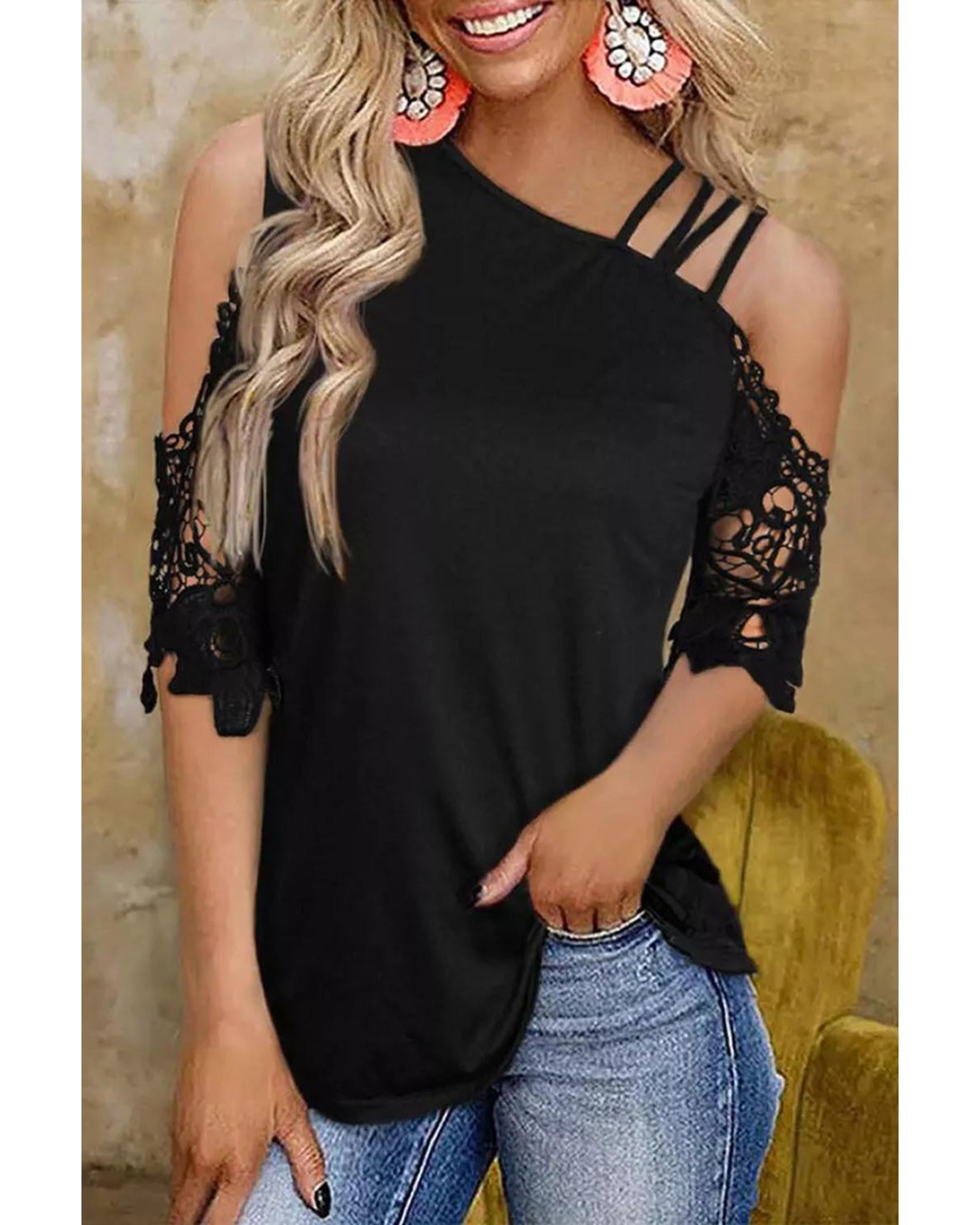 Azura Exchange Lace Splicing Strappy Cold Shoulder Top - M Main image