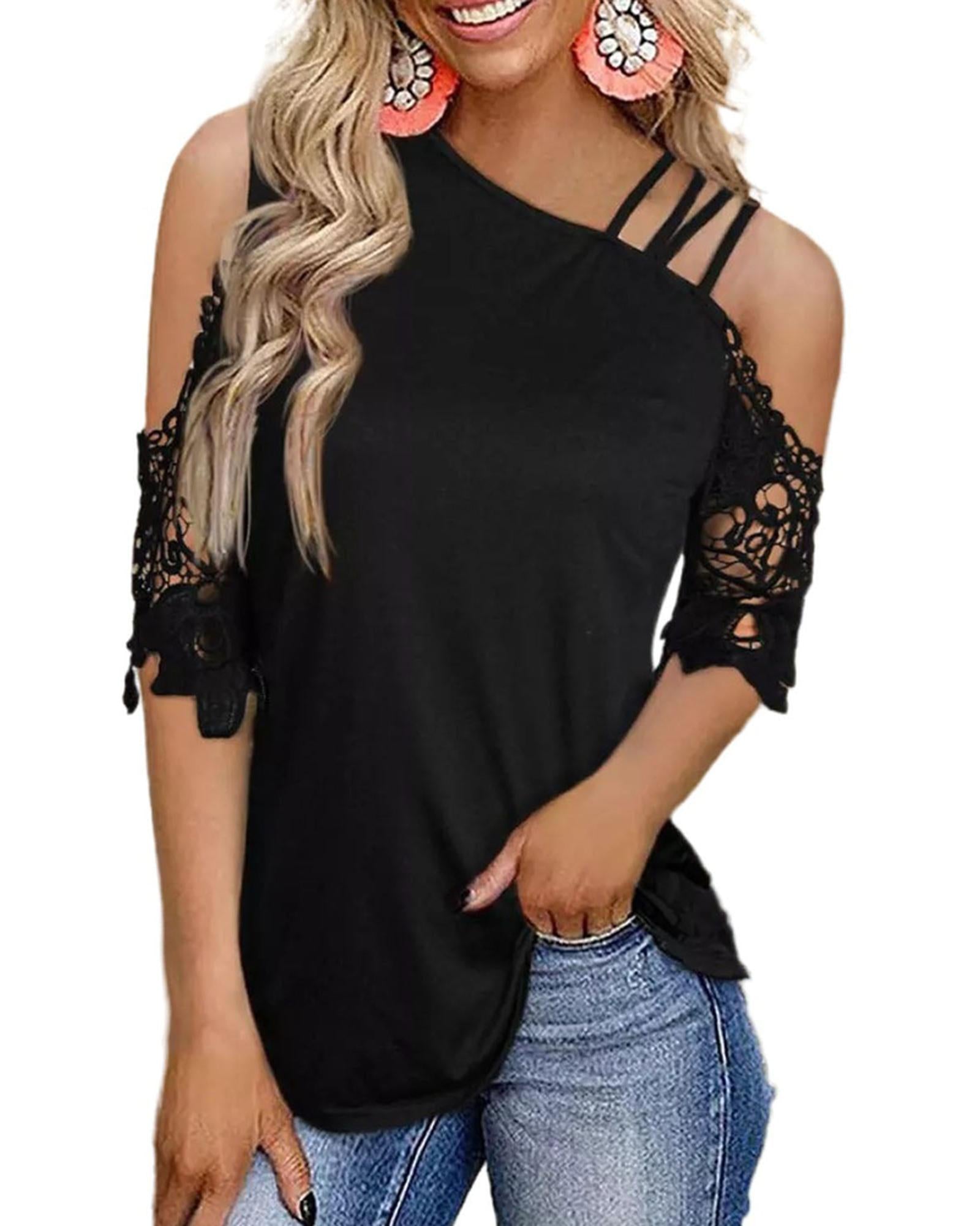 Azura Exchange Lace Splicing Strappy Cold Shoulder Top - S Secondary image