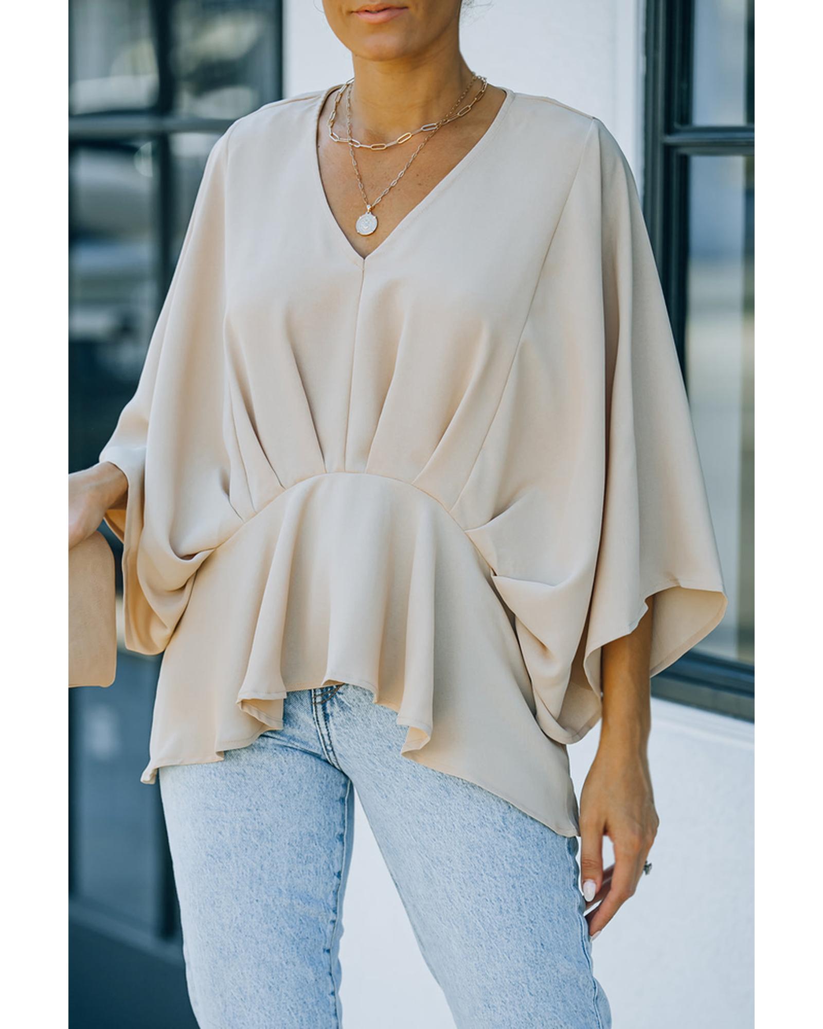 Azura Exchange Pleated Batwing Sleeve V Neck Blouse in 100% Polyester - M Main image