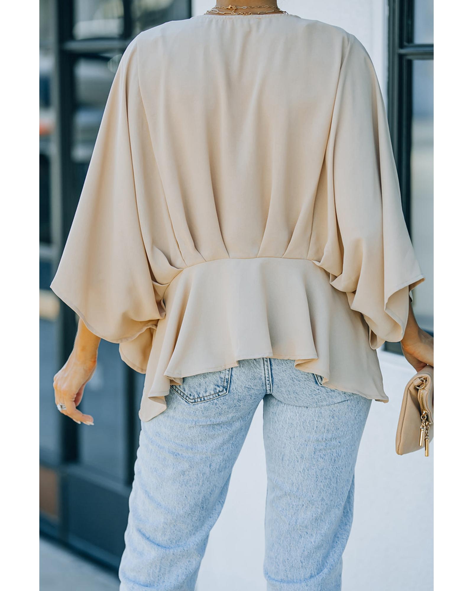 Azura Exchange Pleated Batwing Sleeve V Neck Blouse in 100% Polyester - M Secondary image
