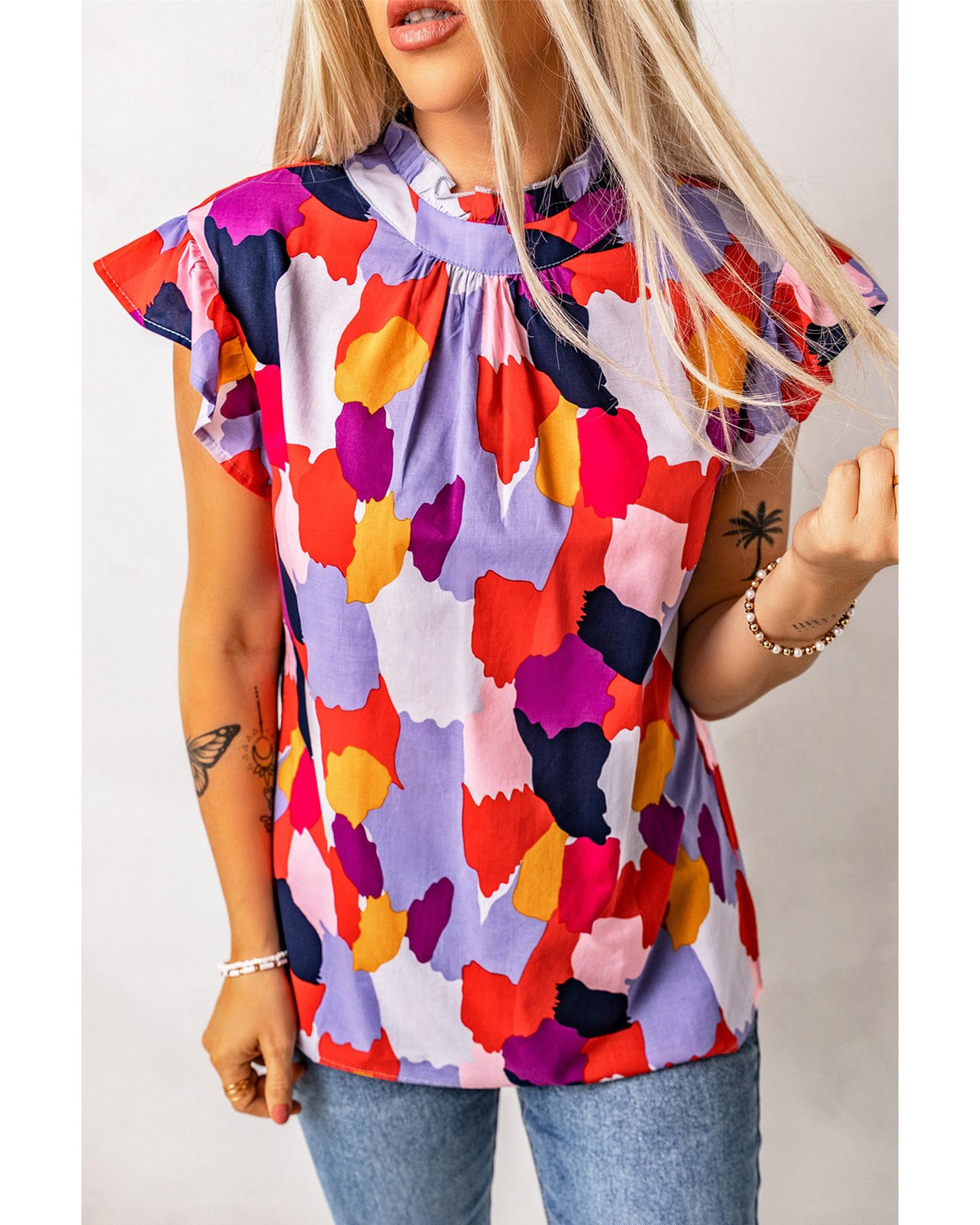 Azura Exchange Ruffle Cap Sleeve Frill Mock Neck Printed Top - L Main image