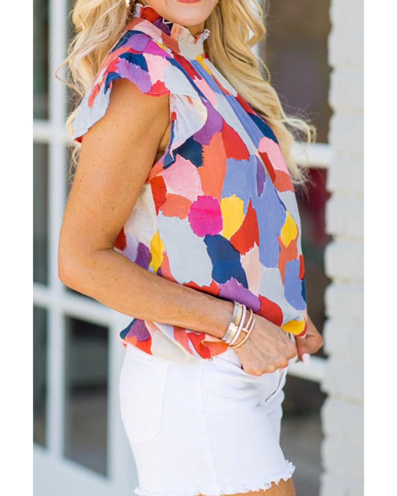 Azura Exchange Ruffle Cap Sleeve Frill Mock Neck Printed Top - XL Secondary image