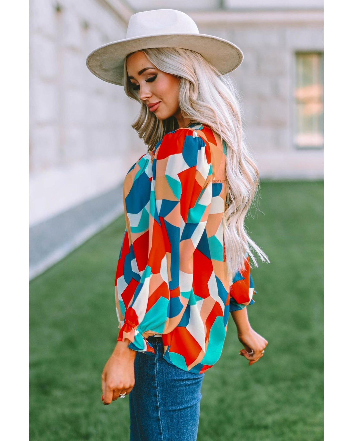 Azura Exchange Abstract Pattern Ruffled Puff Sleeve Blouse - L