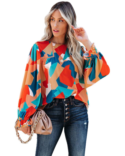 Azura Exchange Abstract Pattern Ruffled Puff Sleeve Blouse - M