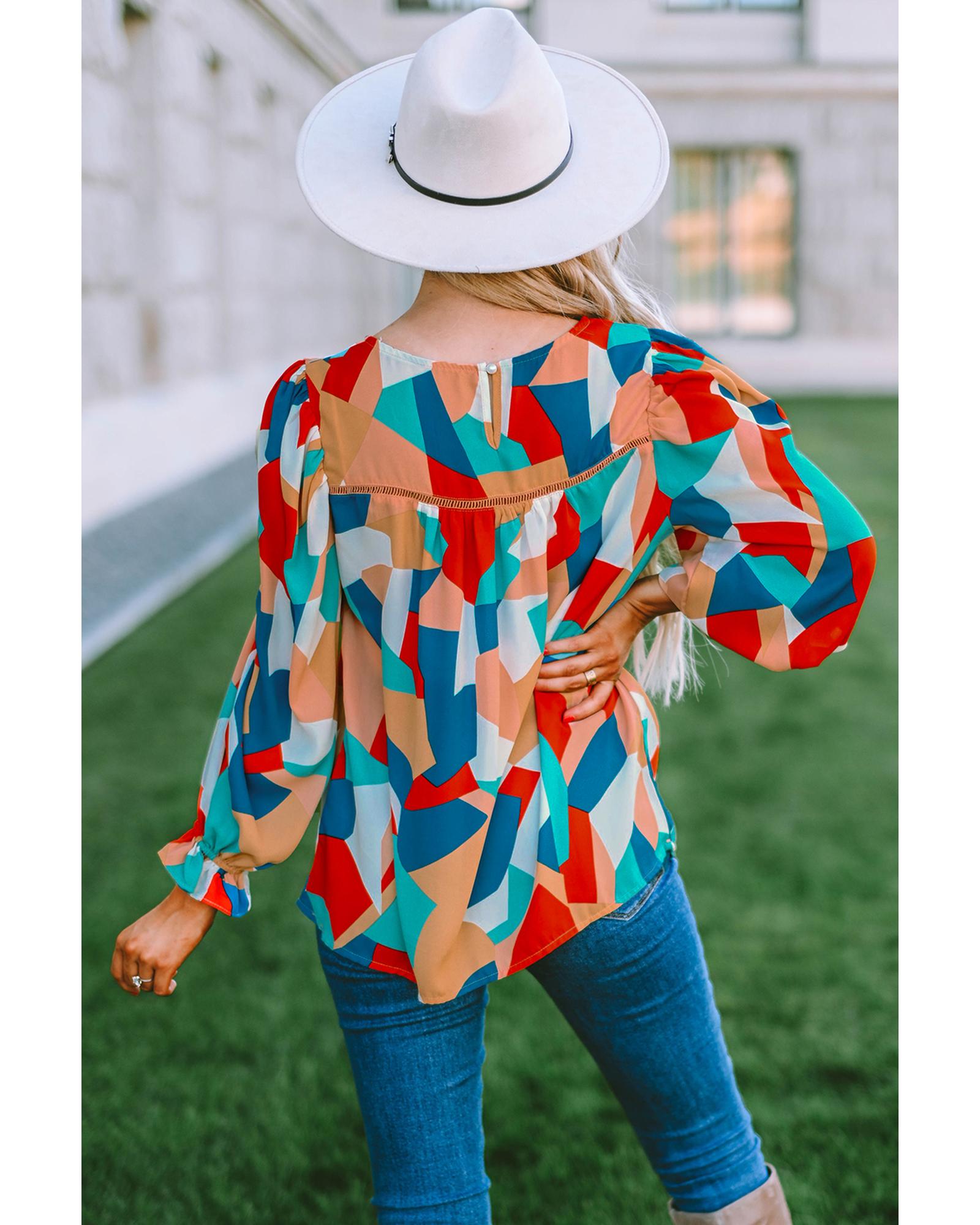 Azura Exchange Abstract Pattern Ruffled Puff Sleeve Blouse - M