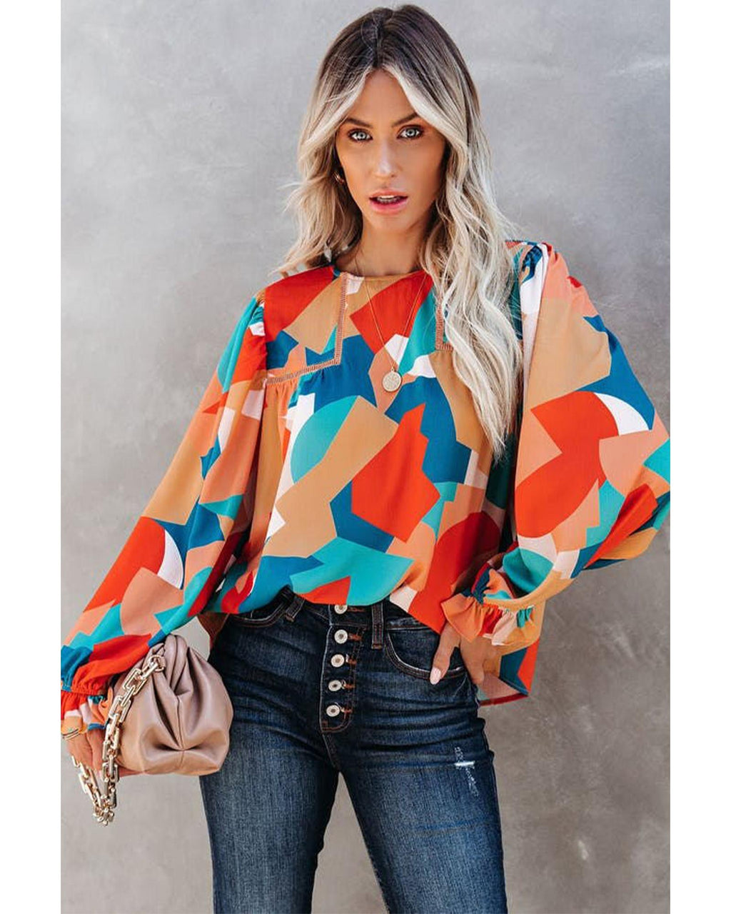 Azura Exchange Abstract Pattern Ruffled Puff Sleeve Blouse - M