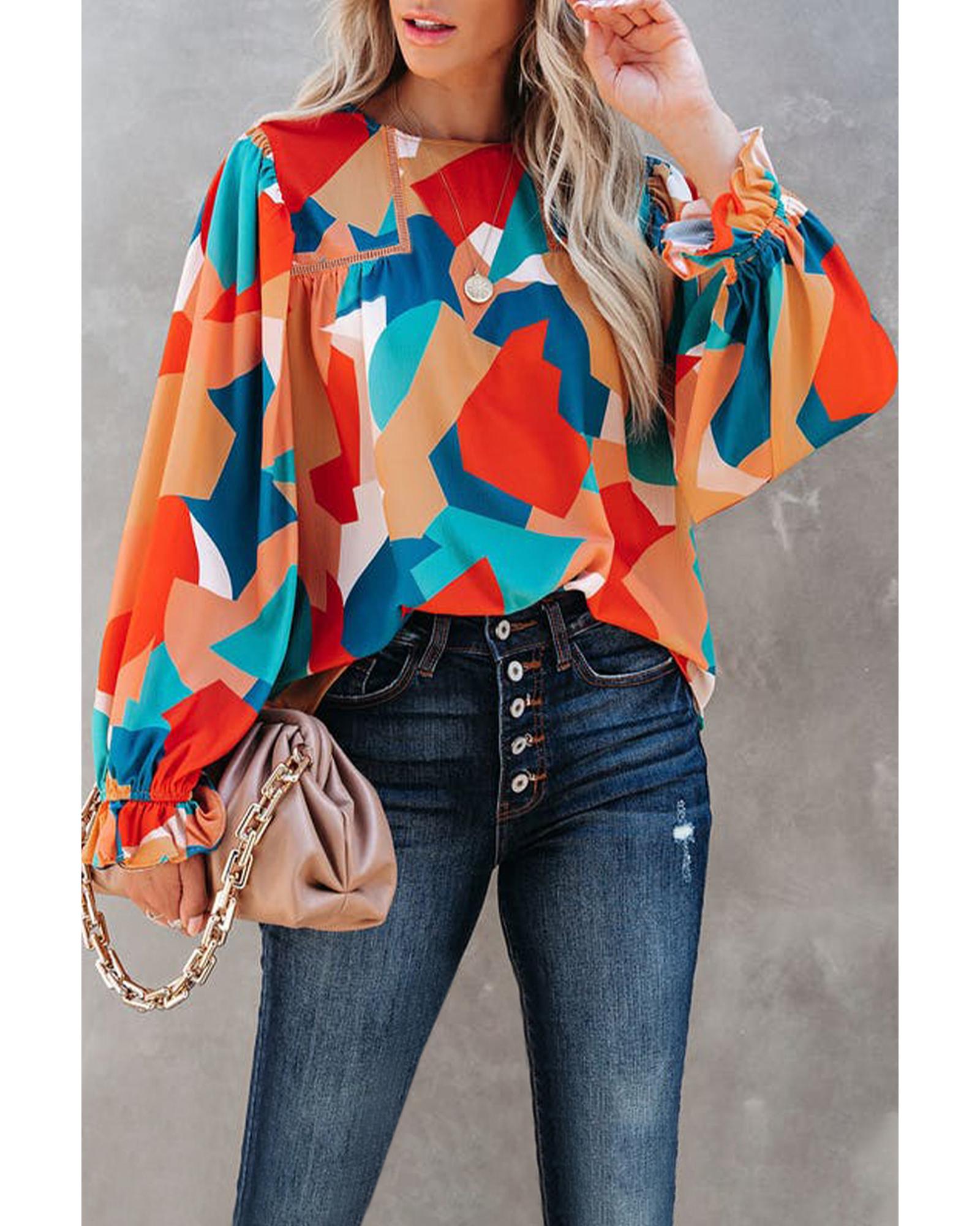 Azura Exchange Abstract Pattern Ruffled Puff Sleeve Blouse - S Main image