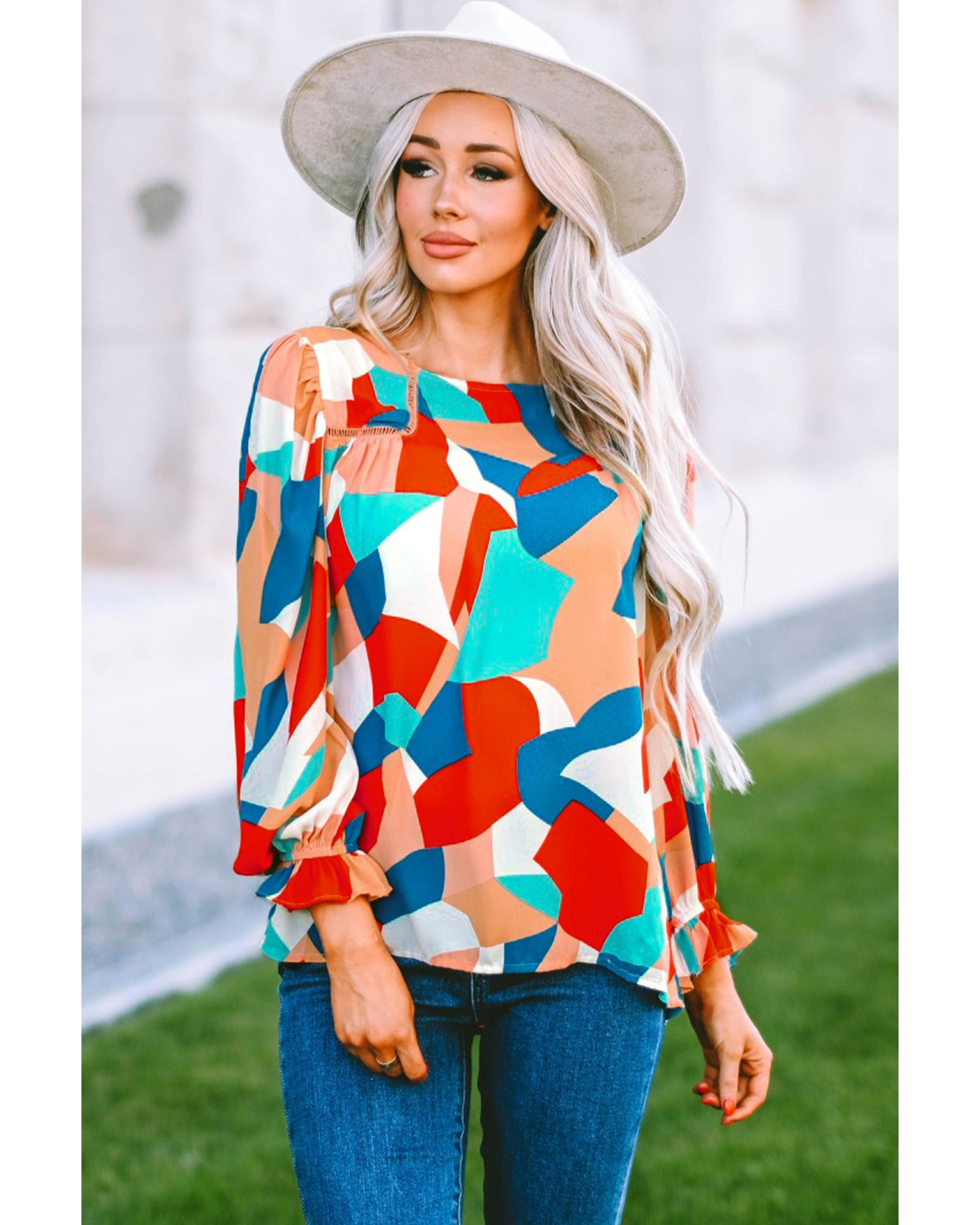 Azura Exchange Abstract Pattern Ruffled Puff Sleeve Blouse - XL