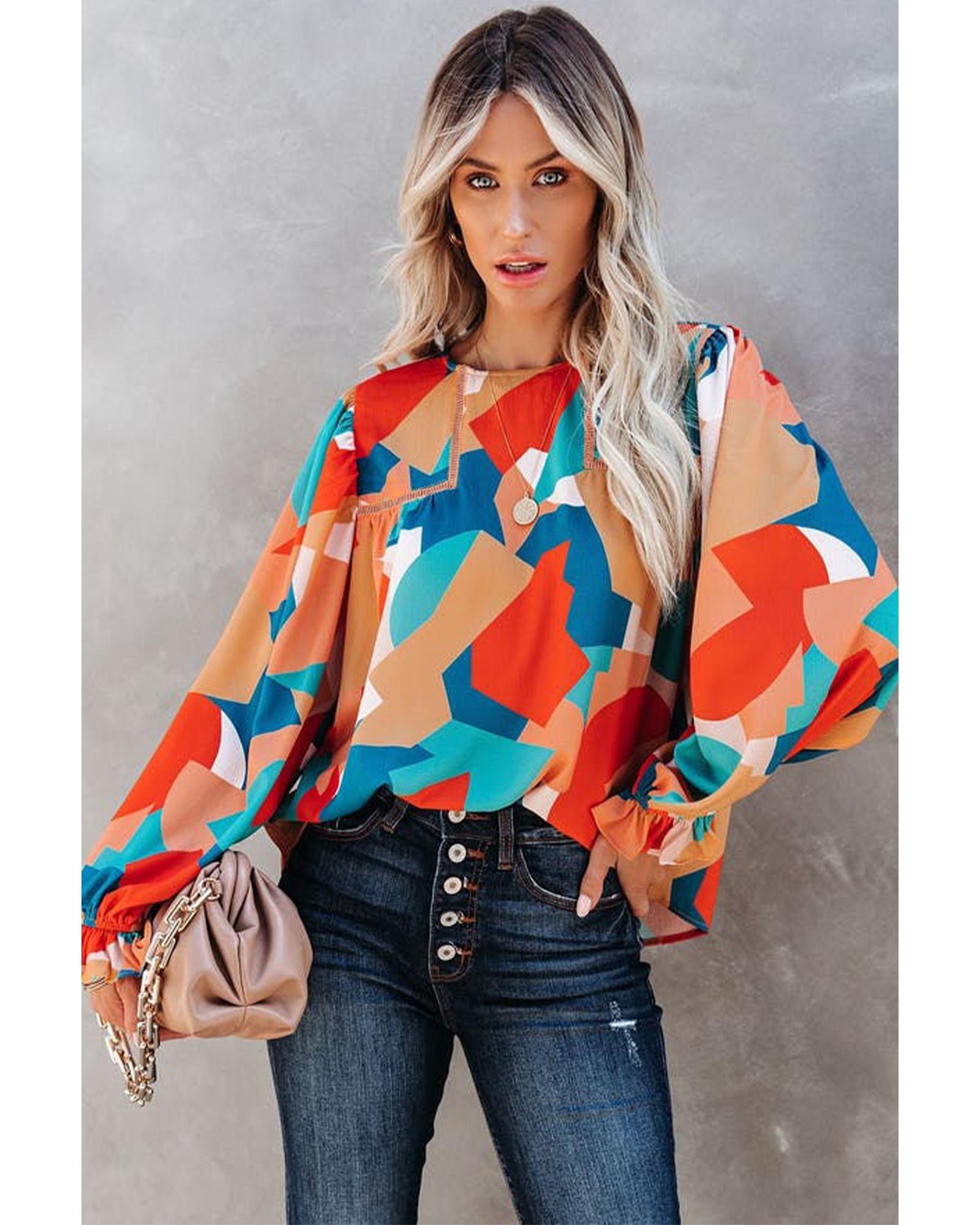 Azura Exchange Abstract Pattern Ruffled Puff Sleeve Blouse - XL