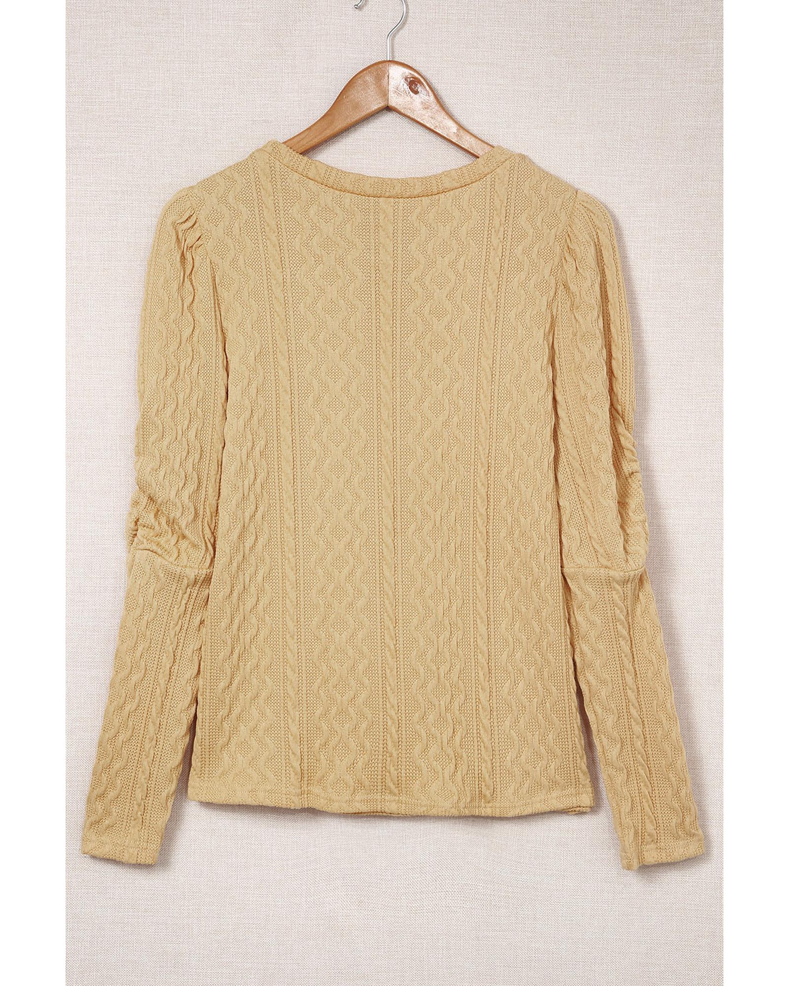 Azura Exchange Puffy Sleeve Khaki Textured Knit Top - L