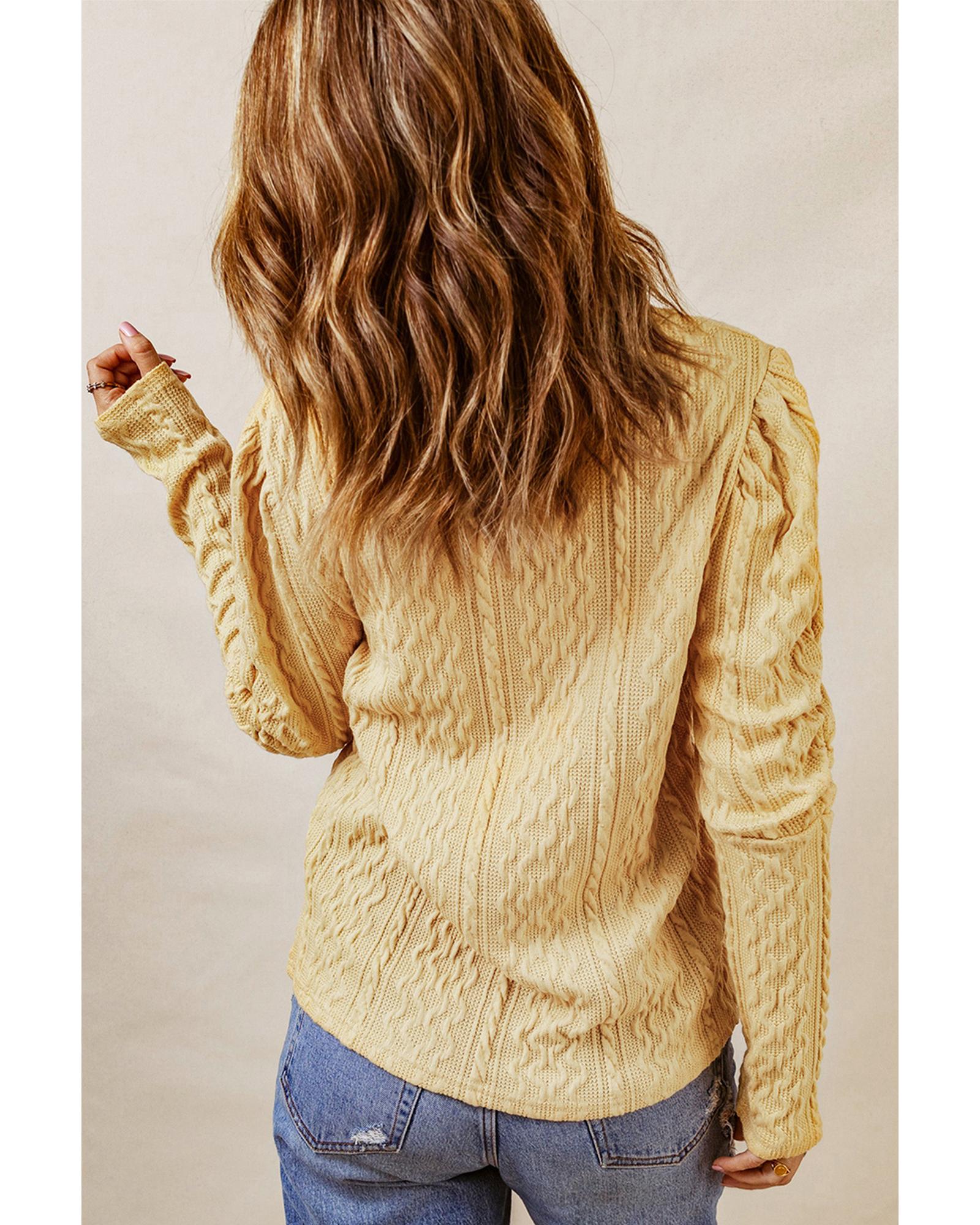 Azura Exchange Puffy Sleeve Khaki Textured Knit Top - L