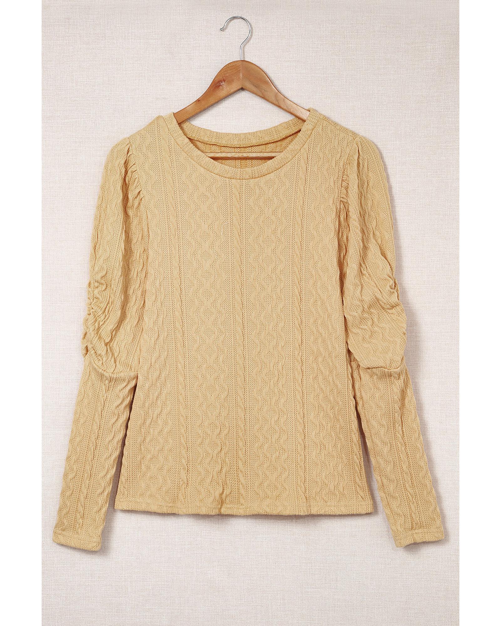 Azura Exchange Puffy Sleeve Khaki Textured Knit Top - L