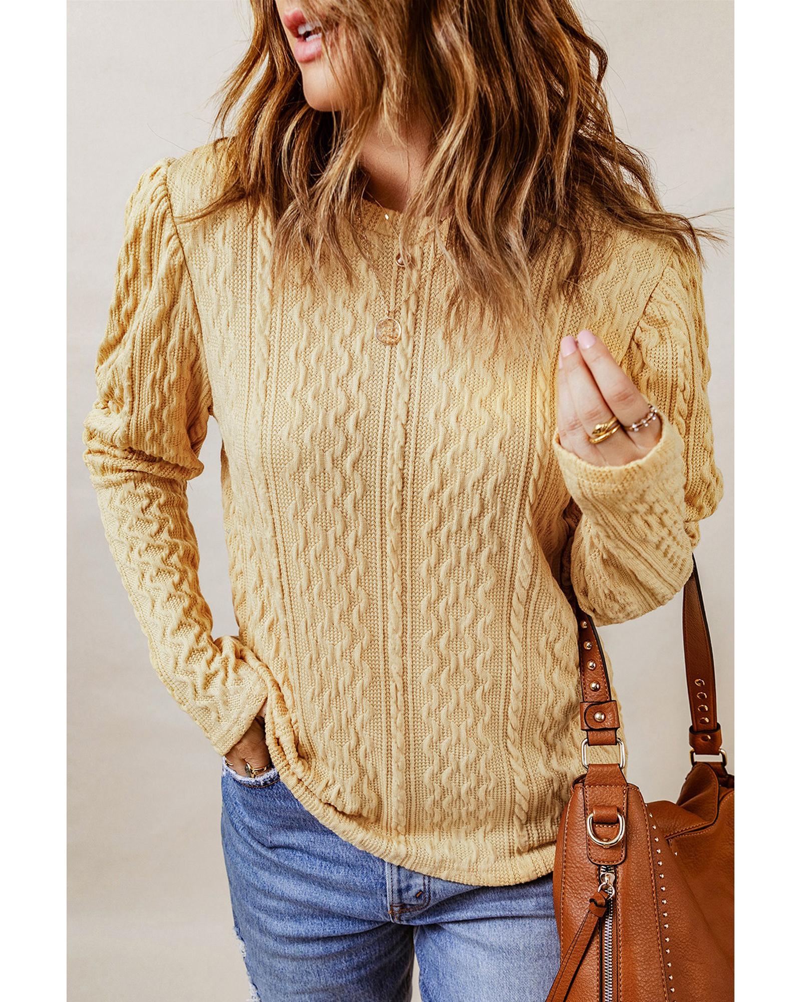 Azura Exchange Puffy Sleeve Khaki Textured Knit Top - L