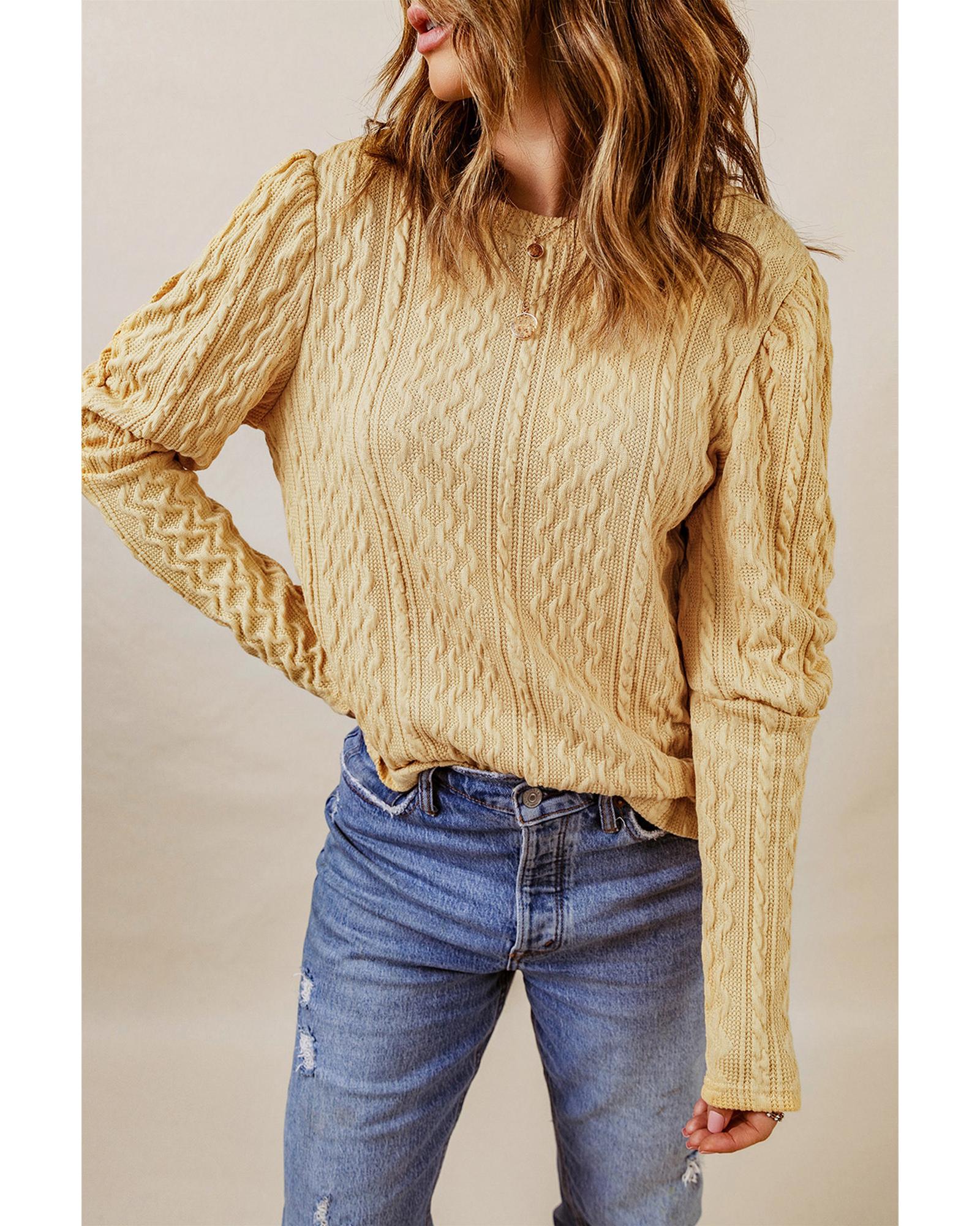 Azura Exchange Puffy Sleeve Khaki Textured Knit Top - S Main image