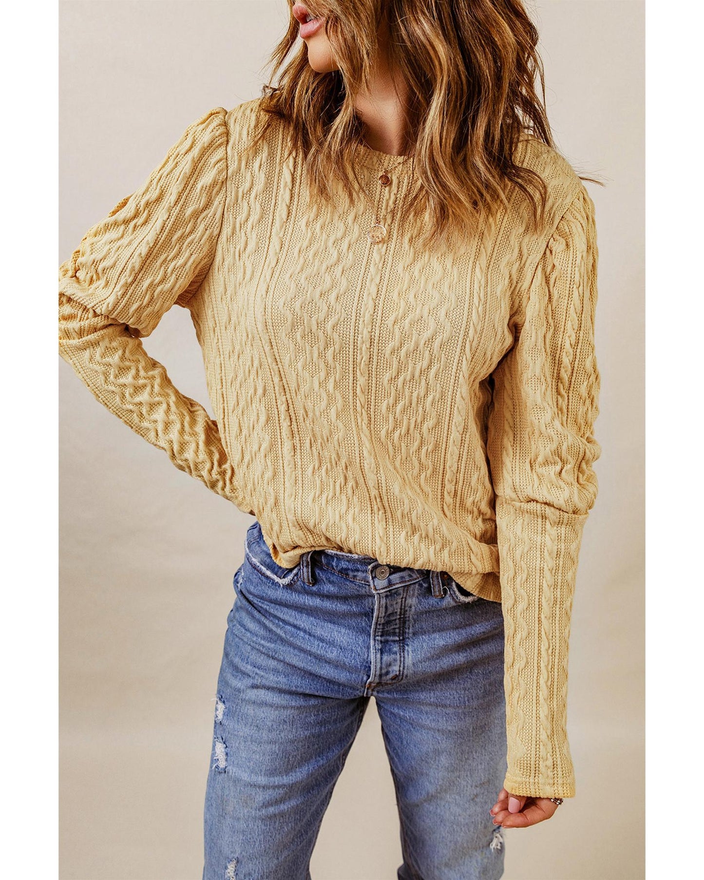 Azura Exchange Puffy Sleeve Khaki Textured Knit Top - XL