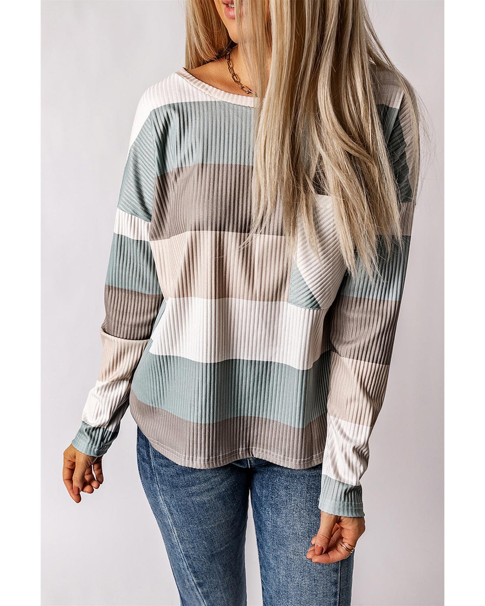 Azura Exchange Ribbed Color Block Long Sleeve Top with Pocket - S Main image