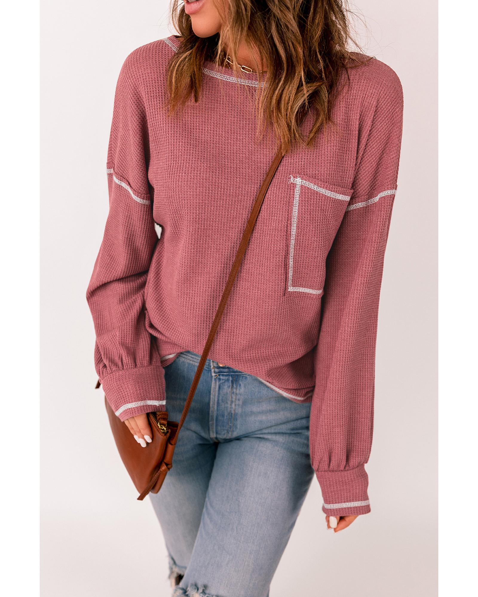 Azura Exchange Stylish Contrast Stitching Waffle Knit Pullover - S Secondary image