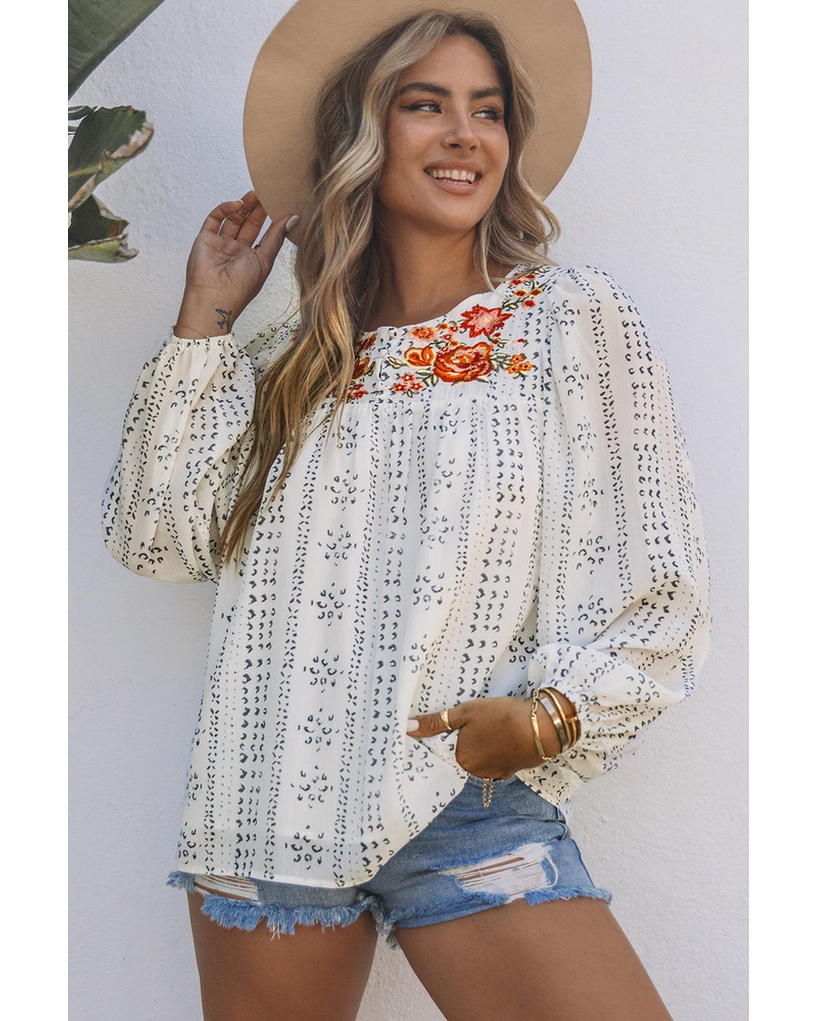 Azura Exchange Long Sleeve Embroidered Print Blouse - S Main image