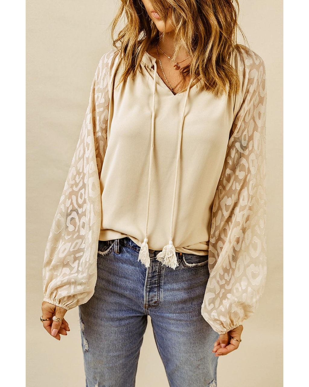 Azura Exchange Leopard Mesh Bubble Sleeve Blouse - L