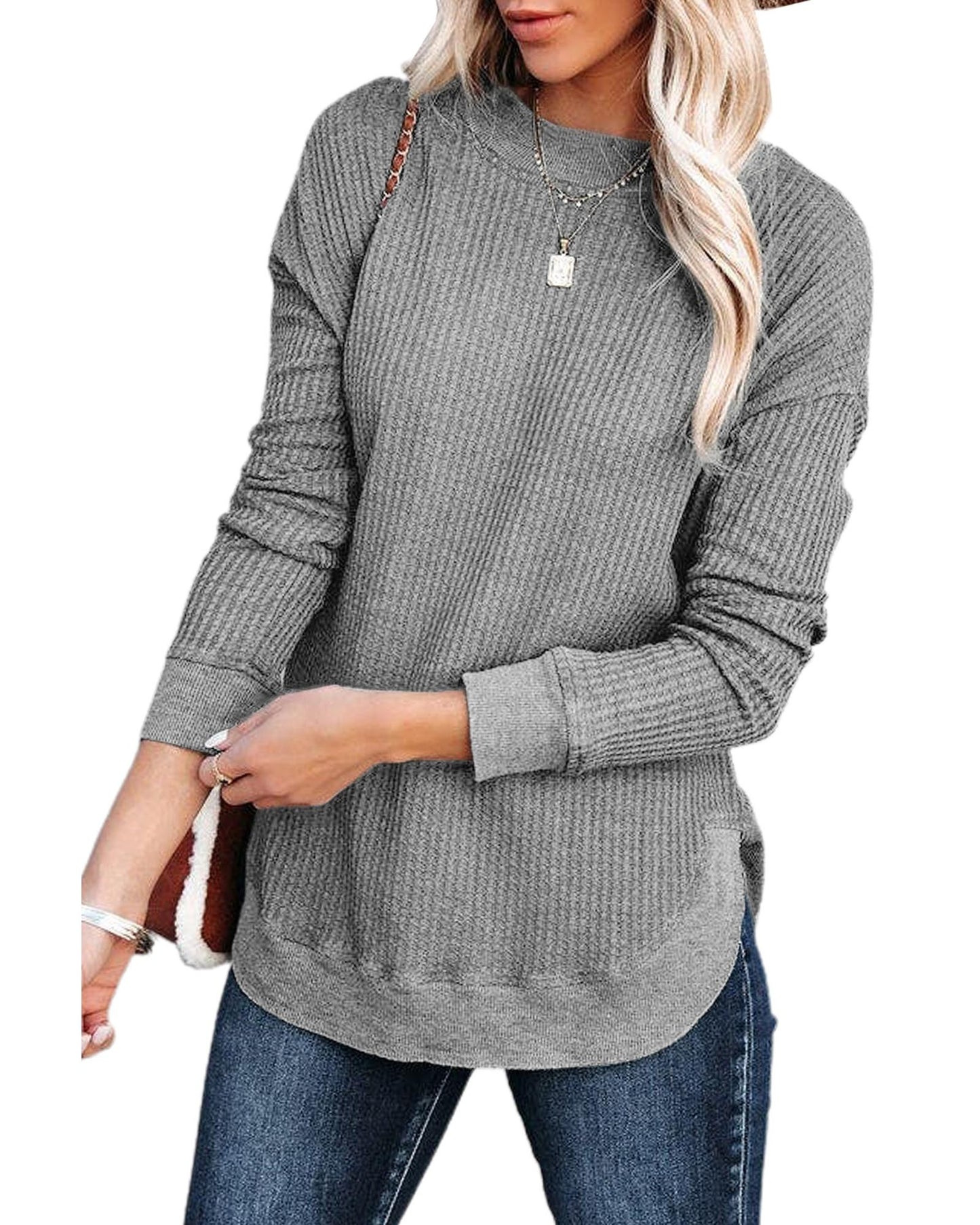 Azura Exchange Ribbed Trim Waffle Knit Top - XL