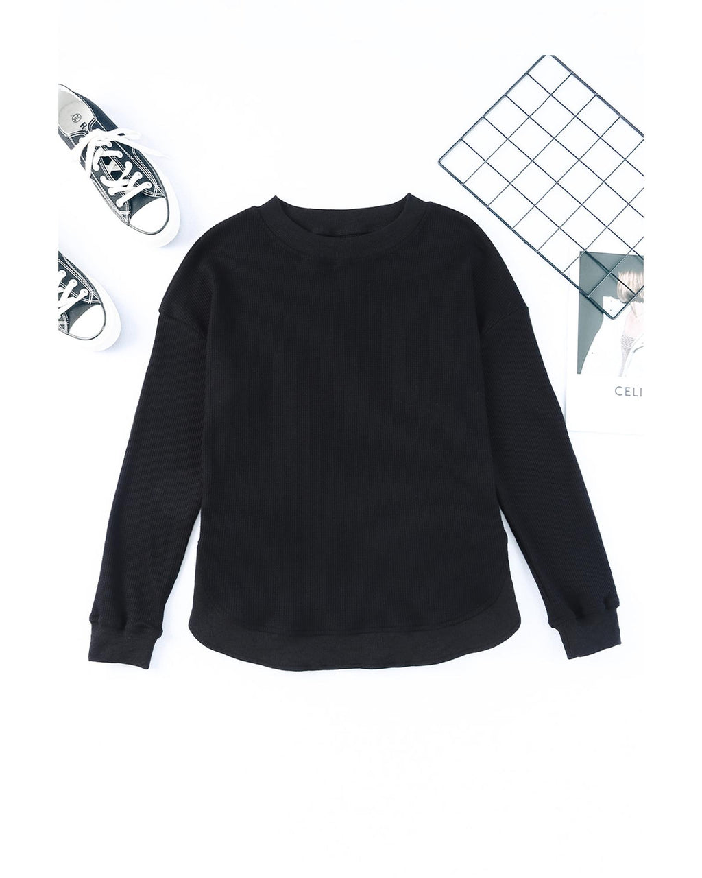 Azura Exchange Ribbed Trim Waffle Knit Top - M