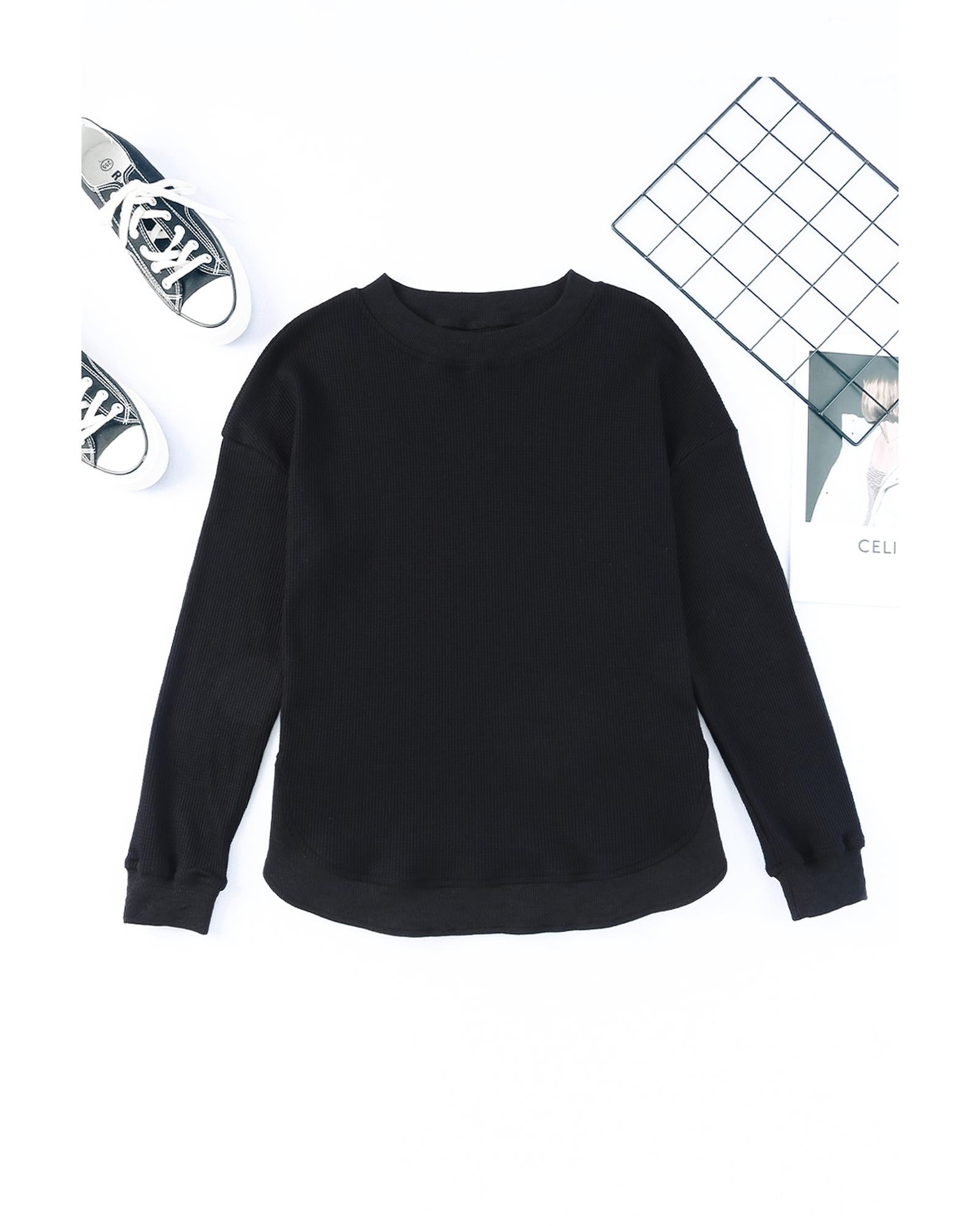 Azura Exchange Ribbed Trim Waffle Knit Top - M