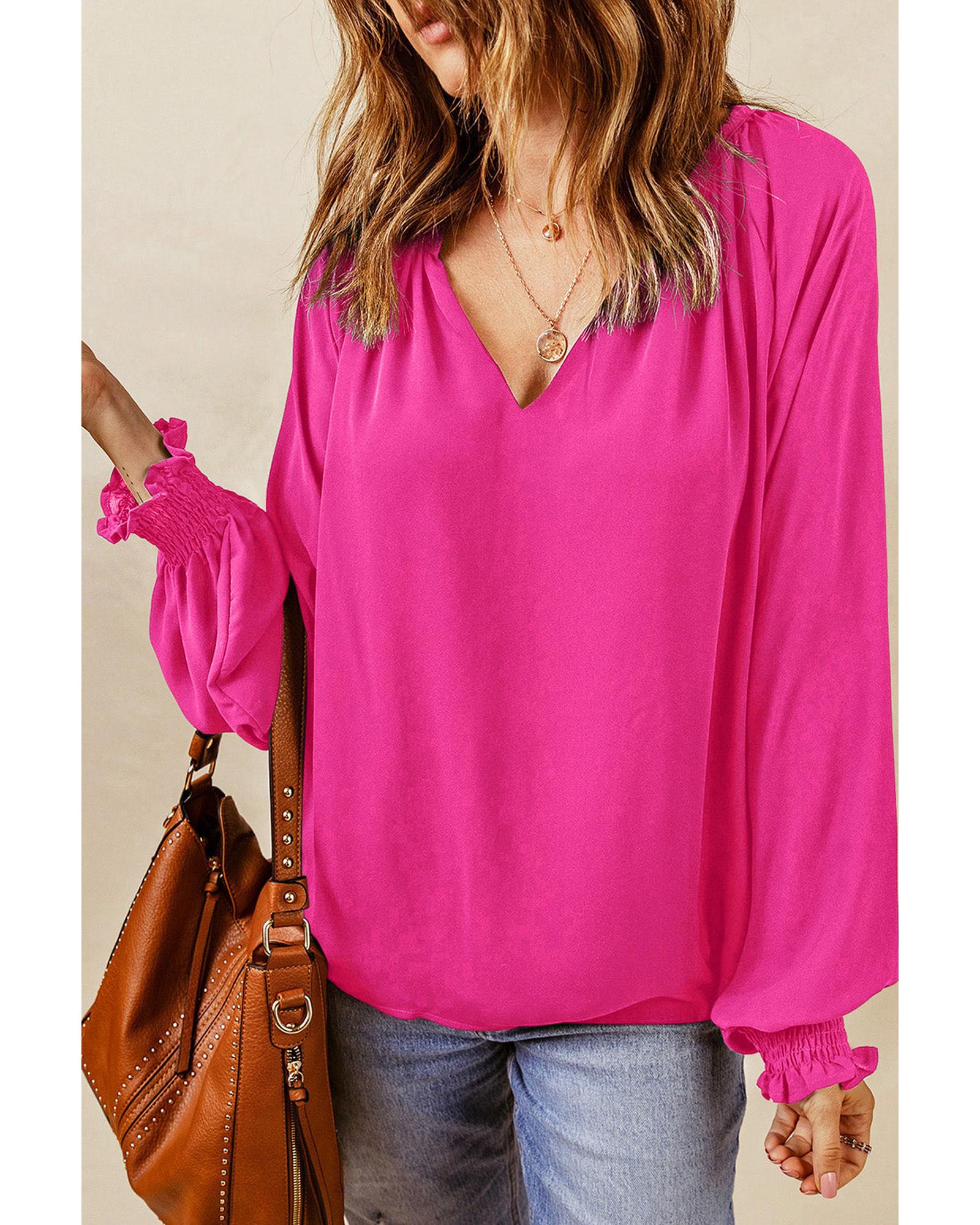 Azura Exchange Pleated V Neck Puffy Sleeve Blouse - S Main image