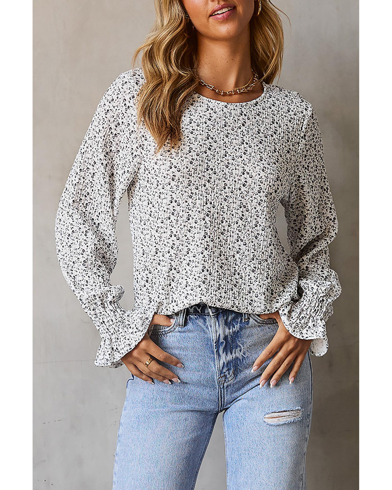 Azura Exchange Floral Printed Crinkled Ruffled Bubble Sleeve Blouse - S Main image