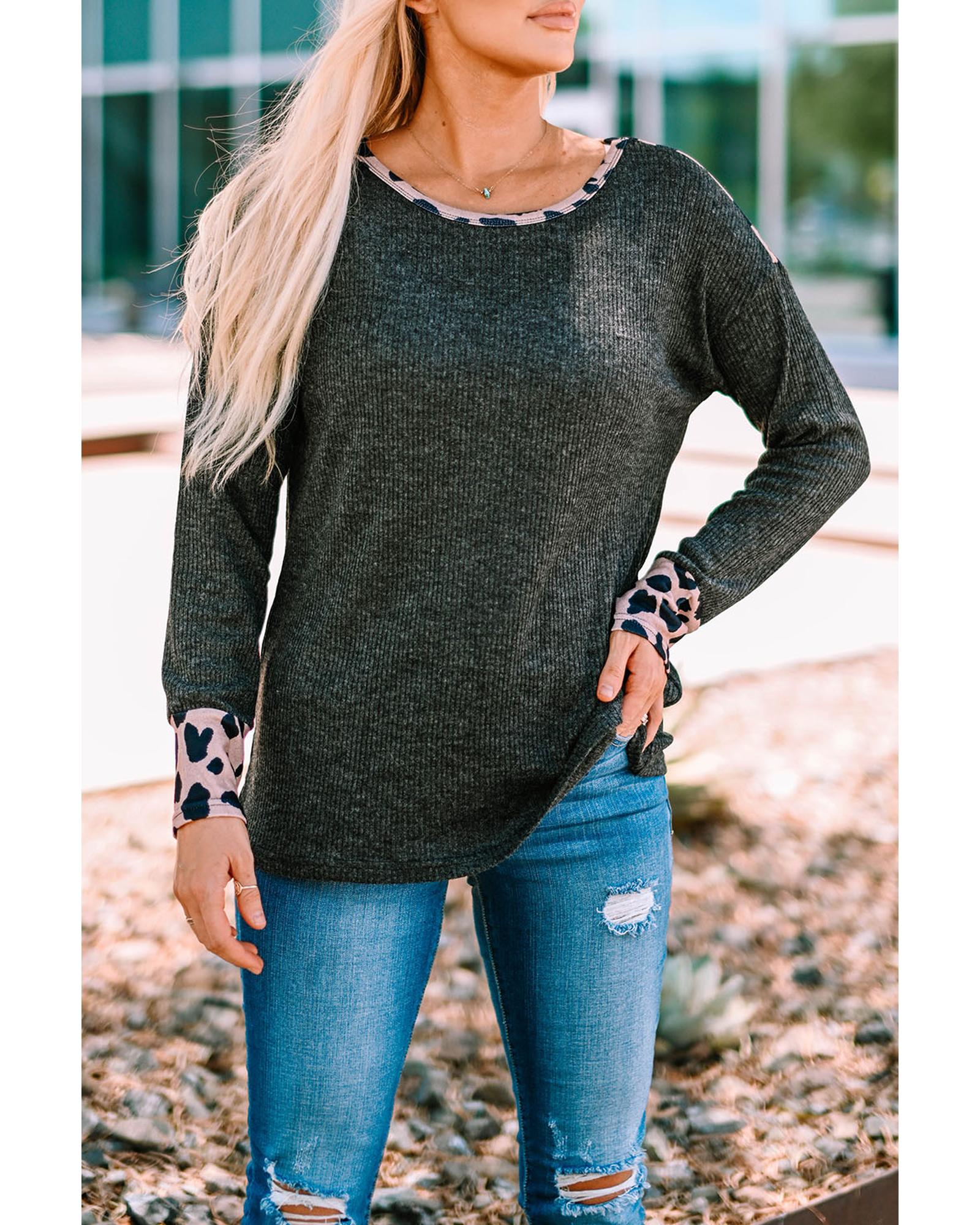 Azura Exchange Leopard Contrast Trim Knit Top - L Main image