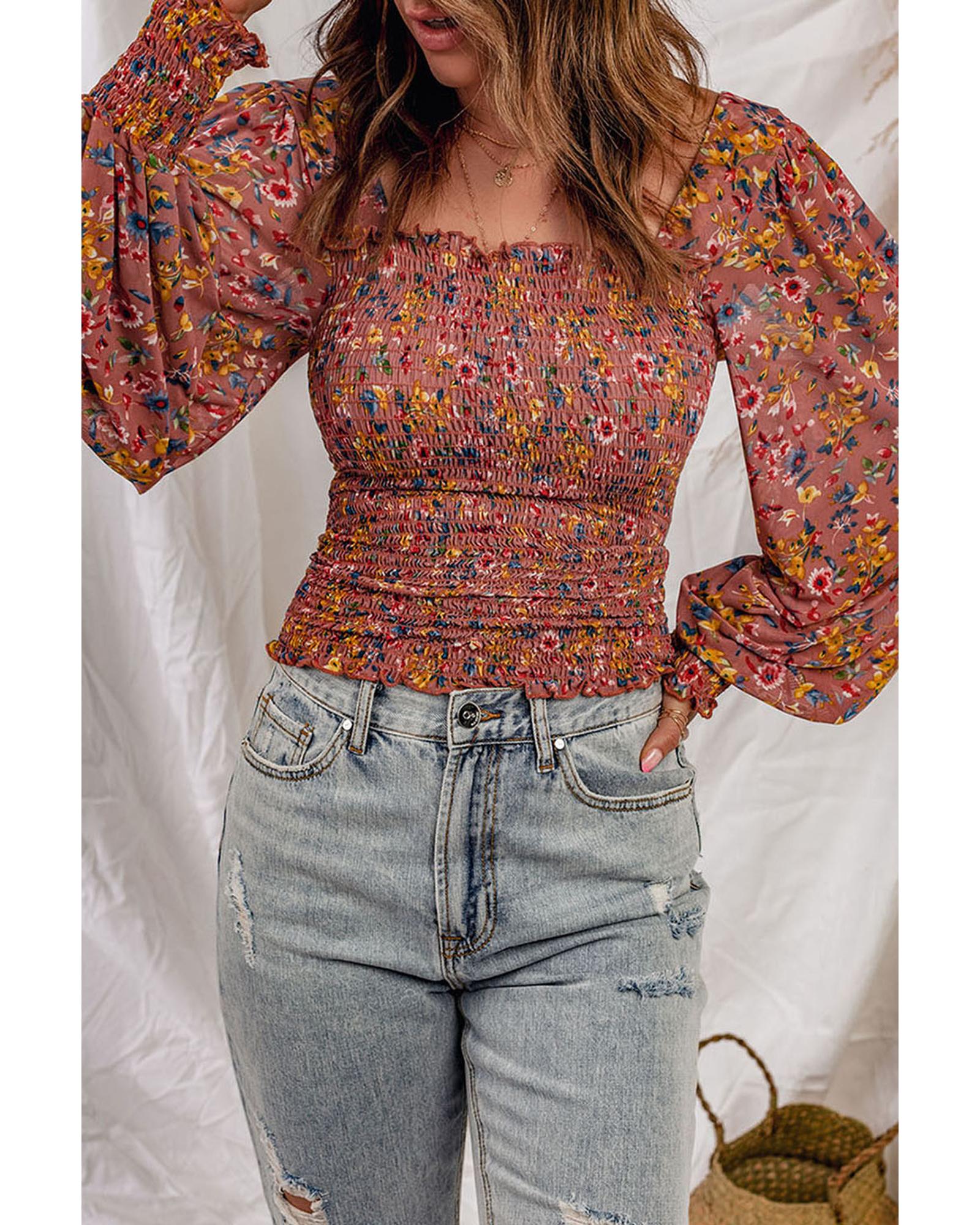 Azura Exchange Smocked Floral Print Long Sleeve Top - S Main image