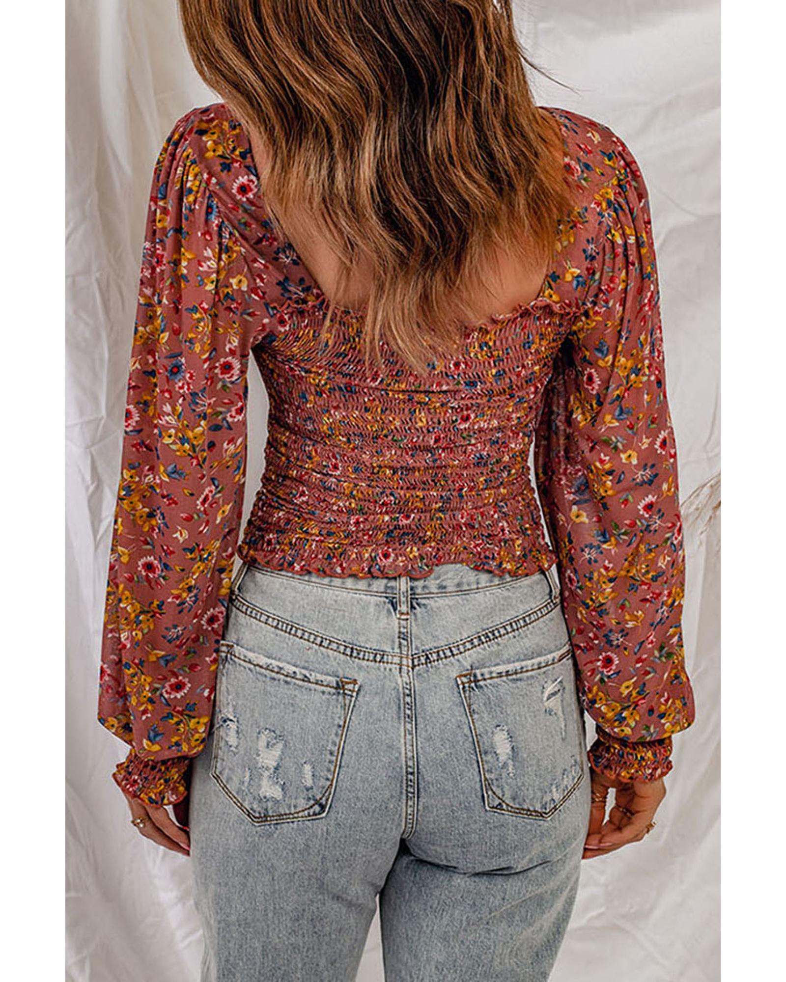 Azura Exchange Smocked Floral Print Long Sleeve Top - XL Secondary image