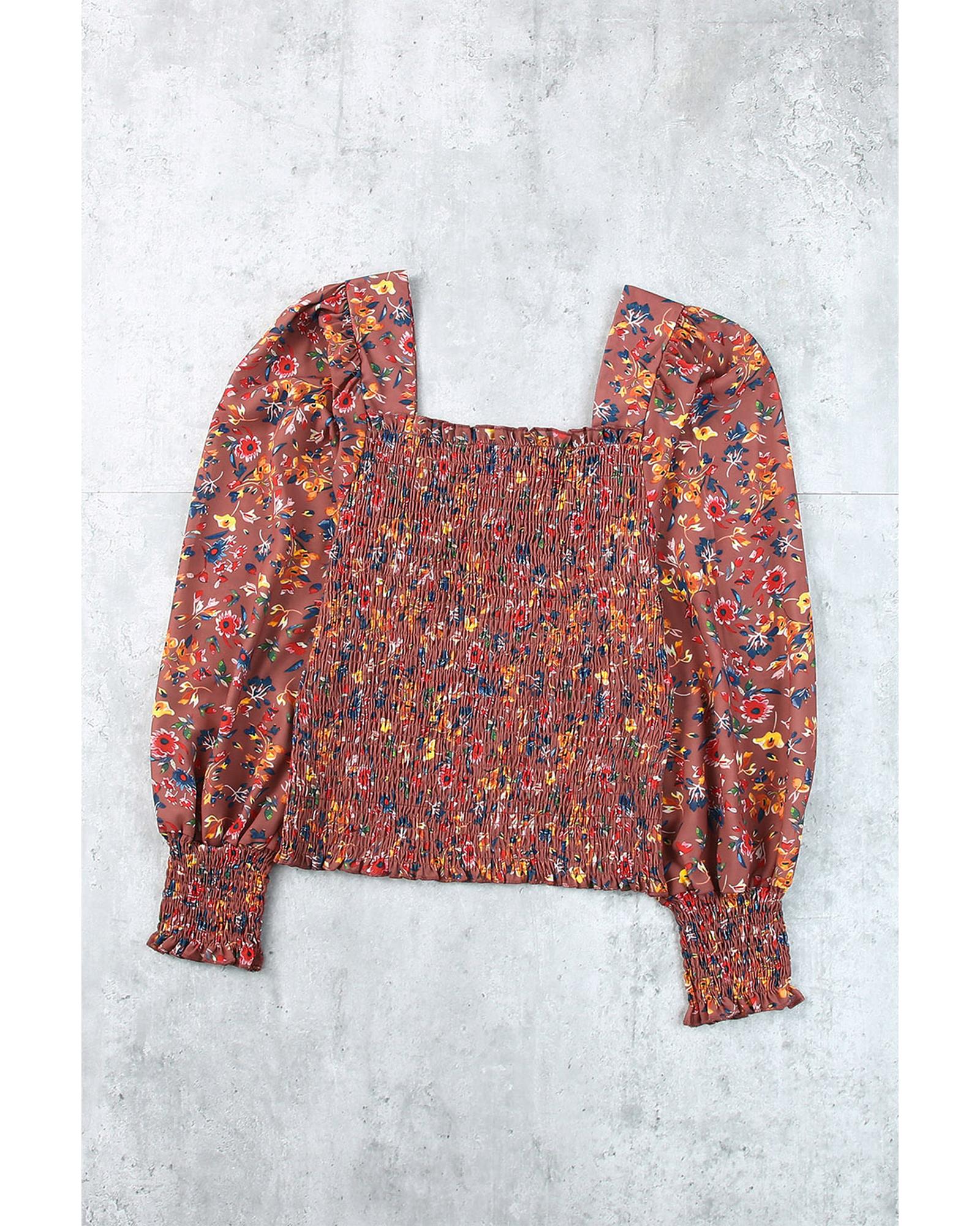 Azura Exchange Smocked Floral Print Long Sleeve Top - XL