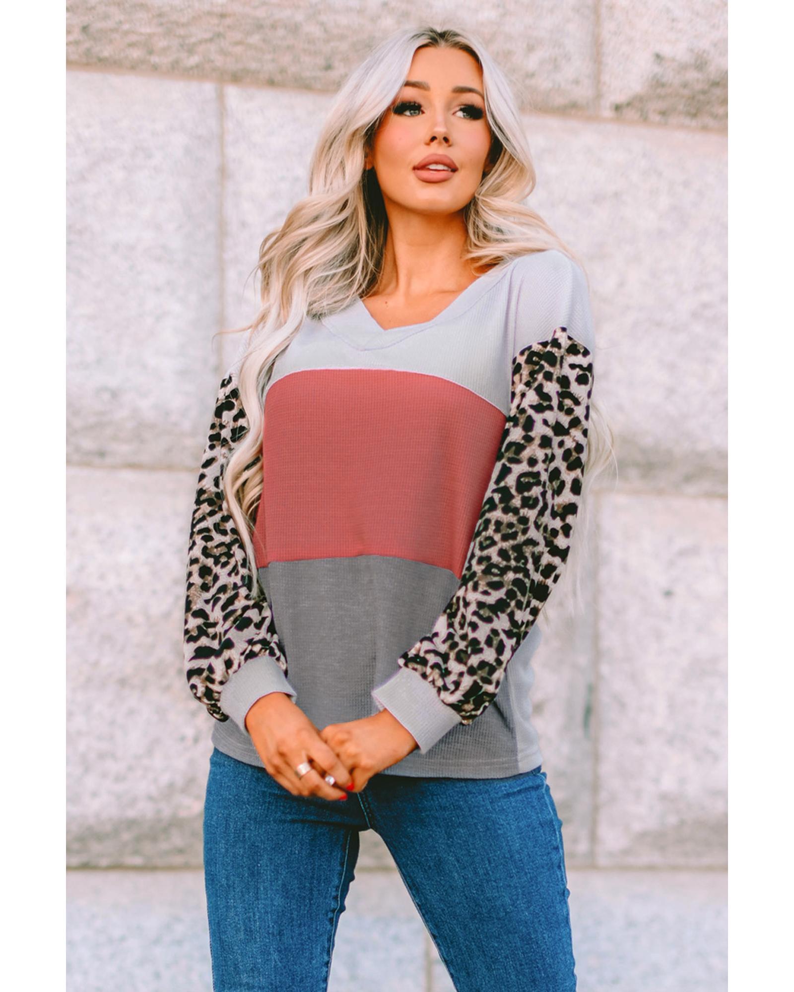 Azura Exchange Leopard Contrast Sleeve Colorblock Waffle Knit Top - M Secondary image