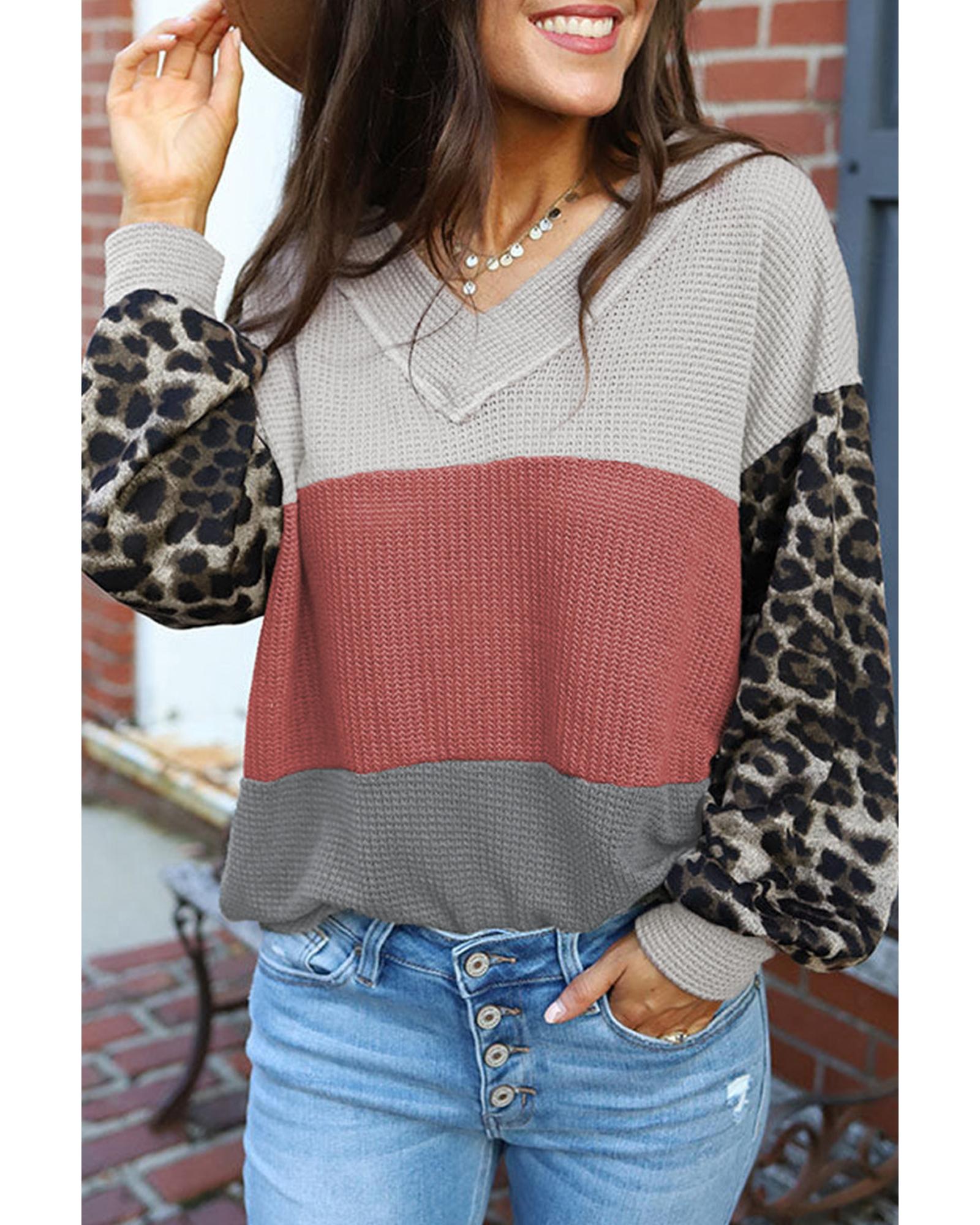 Azura Exchange Leopard Contrast Sleeve Colorblock Waffle Knit Top - XL Main image
