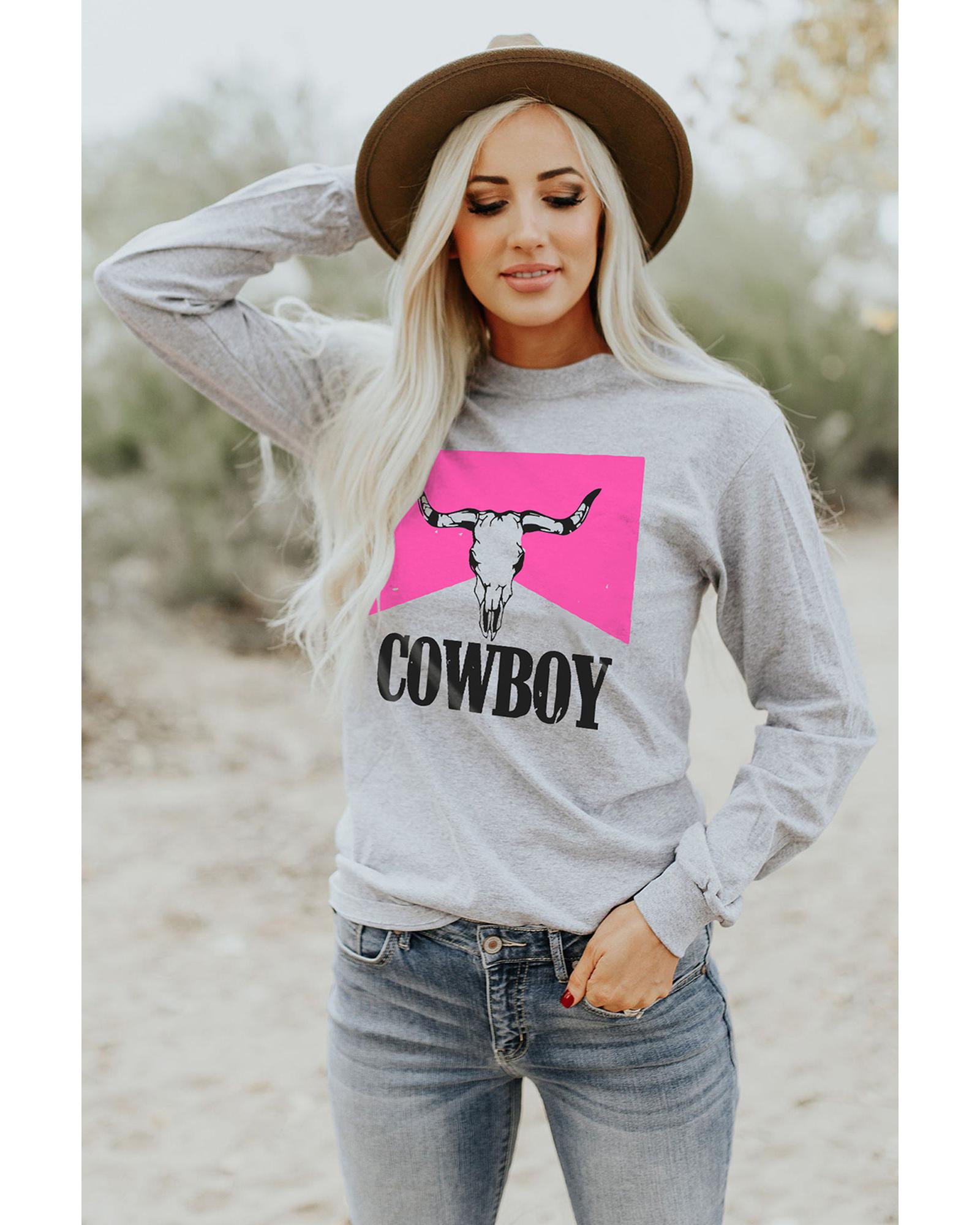 Azura Exchange Color Block Long Sleeve Top with Cowboy Steer Skull Print - S Main image