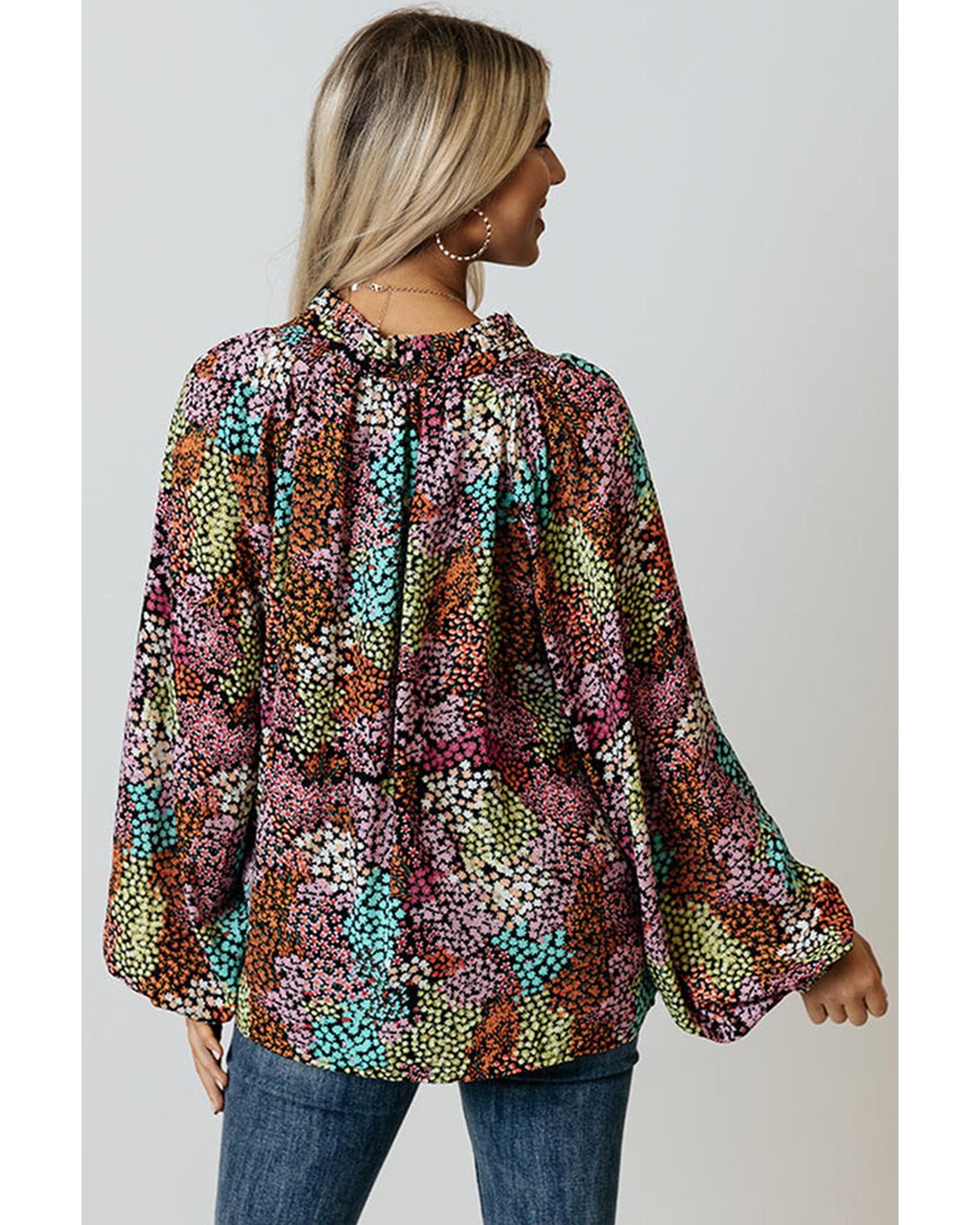 Azura Exchange Vibrant Floral Tie V Neck Puff Sleeve Blouse - M Secondary image
