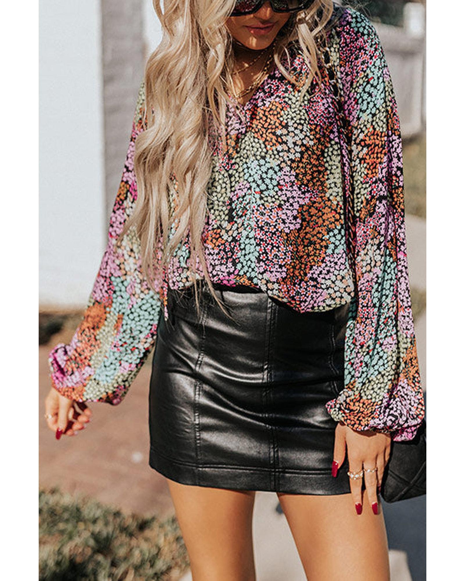 Azura Exchange Vibrant Floral Tie V Neck Puff Sleeve Blouse - S Main image