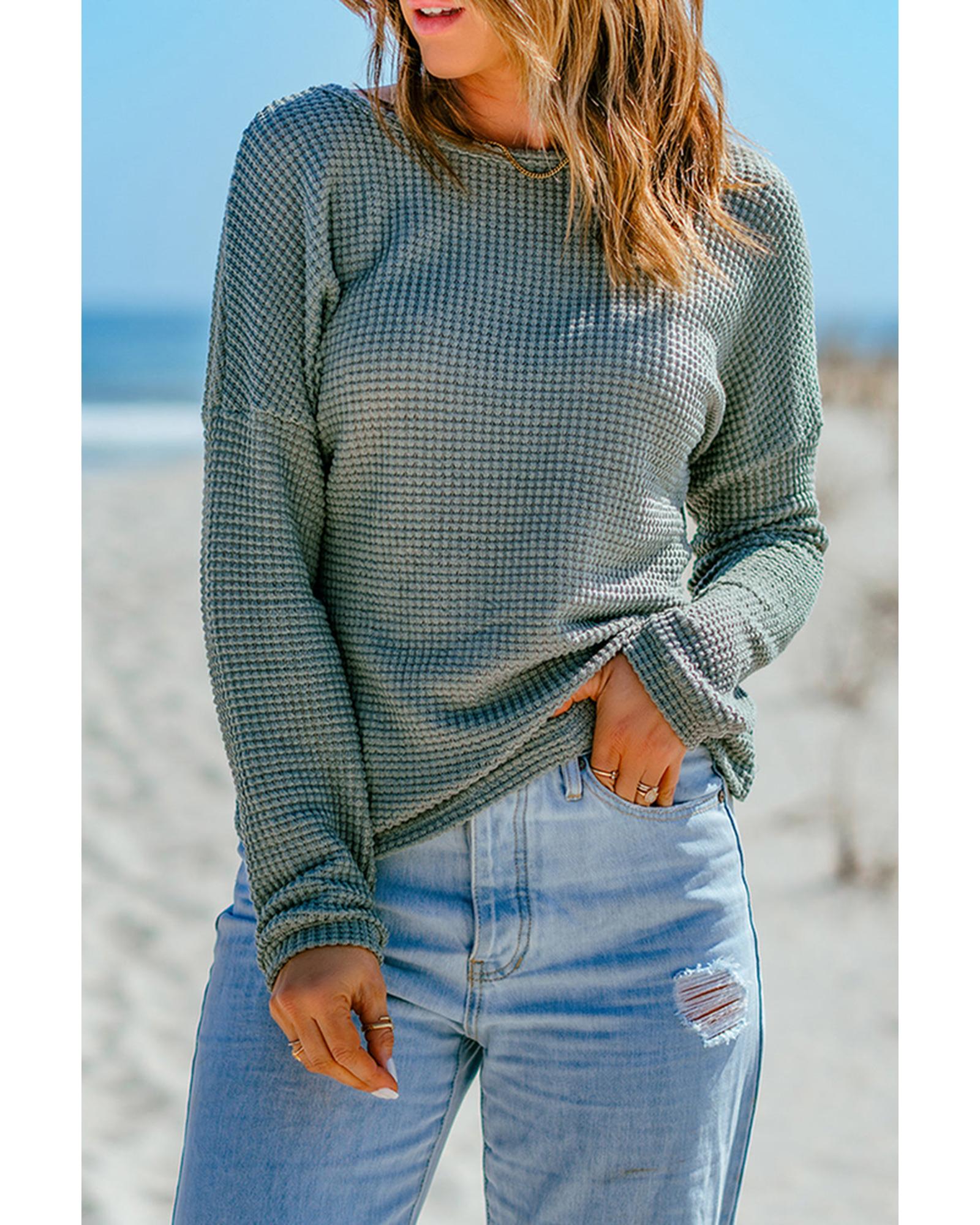 Azura Exchange Drop Shoulder Waffle Knit Long Sleeve Top - L Main image