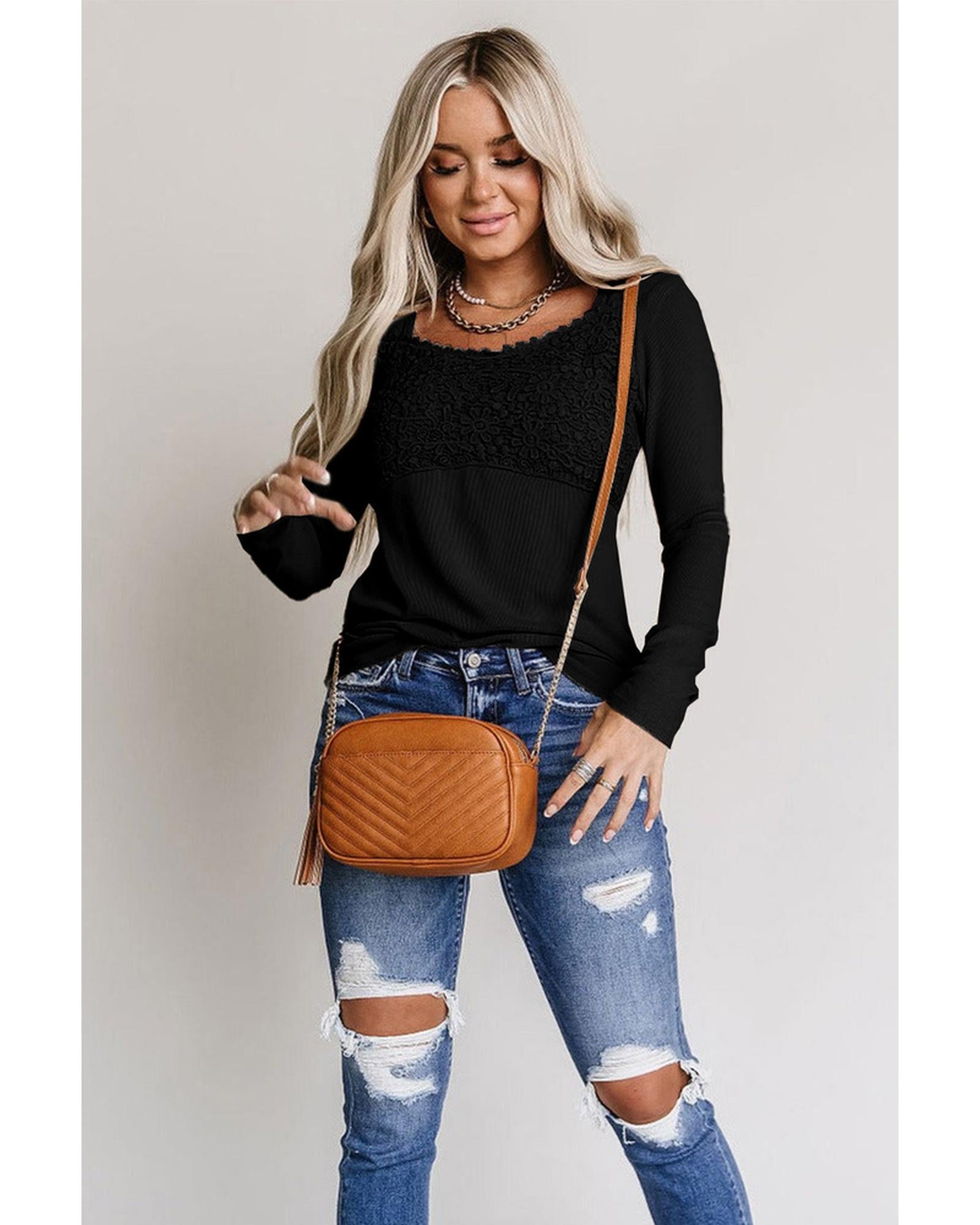 Azura Exchange Lace Crochet V Neck Top - S Secondary image