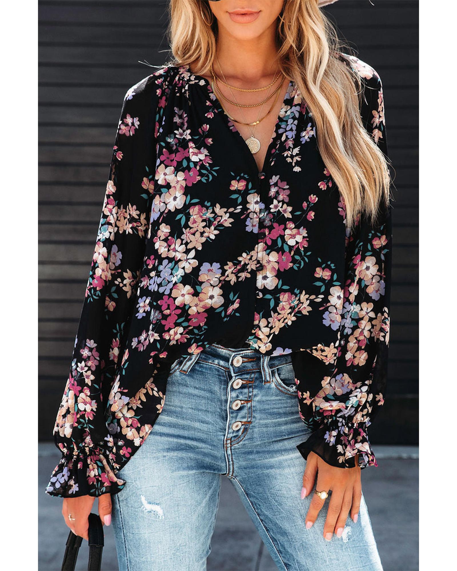 Azura Exchange Wildflower Print Chiffon Blouse - M Main image