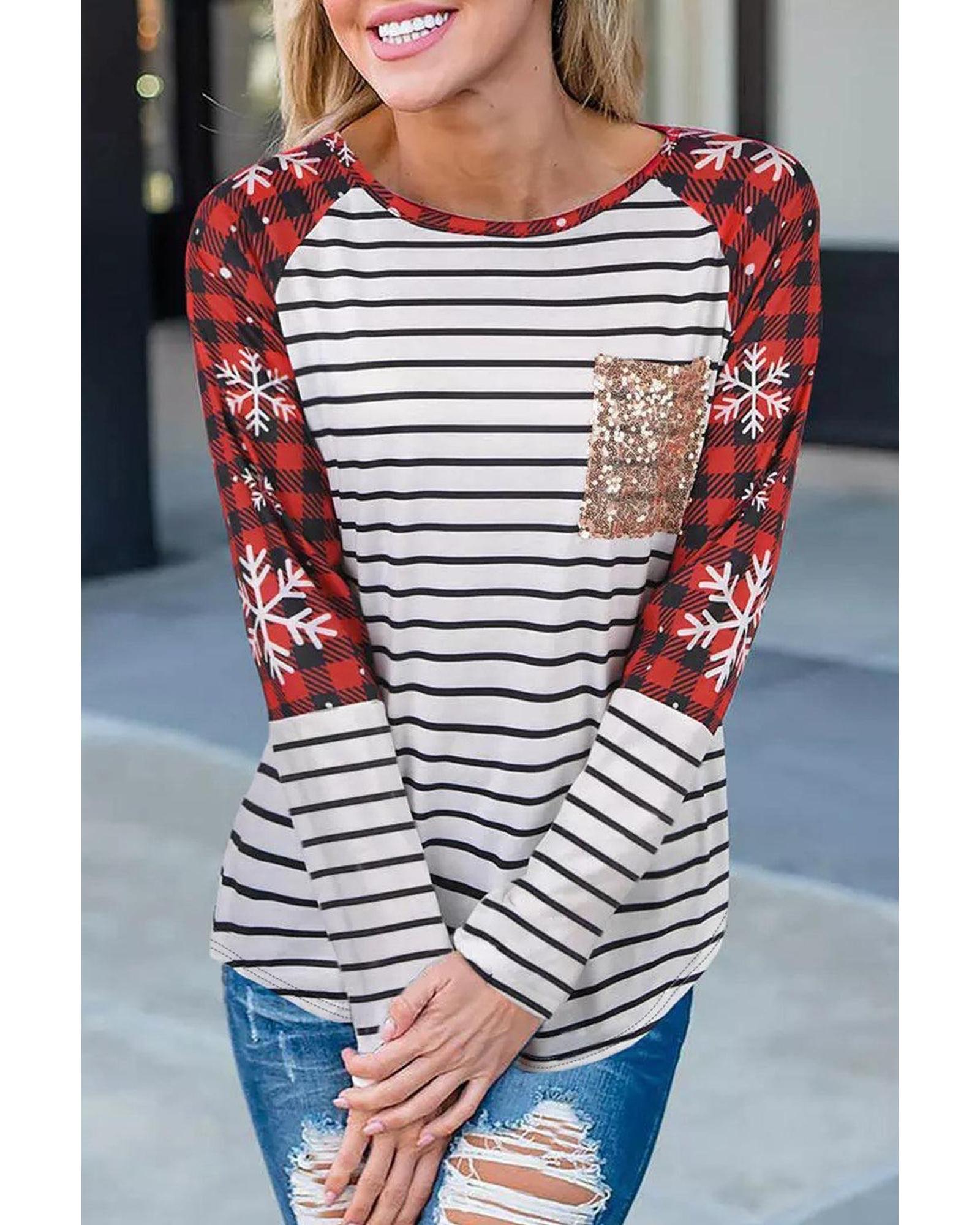 Azura Exchange Christmas Striped Patchwork Long Sleeve Top - S Main image