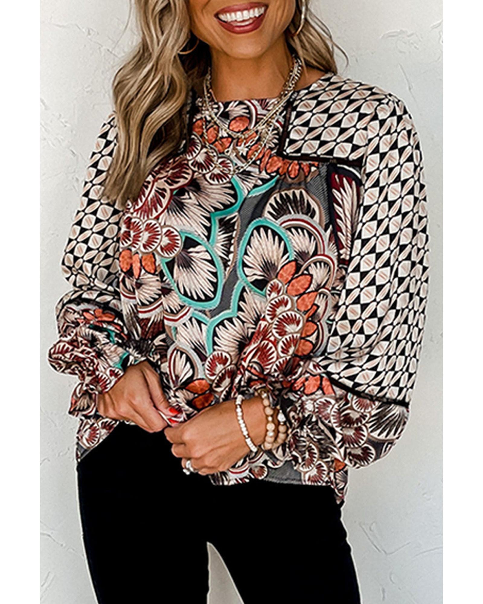 Azura Exchange Mixed Floral Geometric Print Ruffled Blouse - M Main image