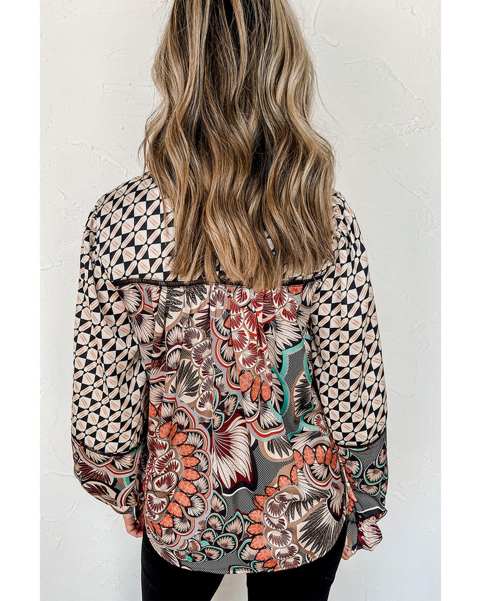 Azura Exchange Mixed Floral Geometric Print Ruffled Blouse - M Secondary image