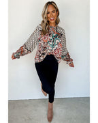 Azura Exchange Mixed Floral Geometric Print Ruffled Blouse - S