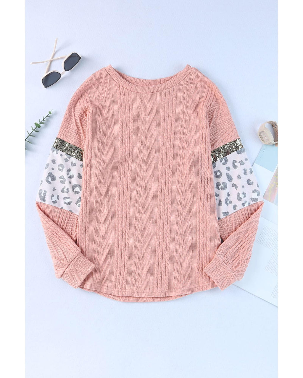 Azura Exchange Sequin Splicing Sleeves Knit Top - L